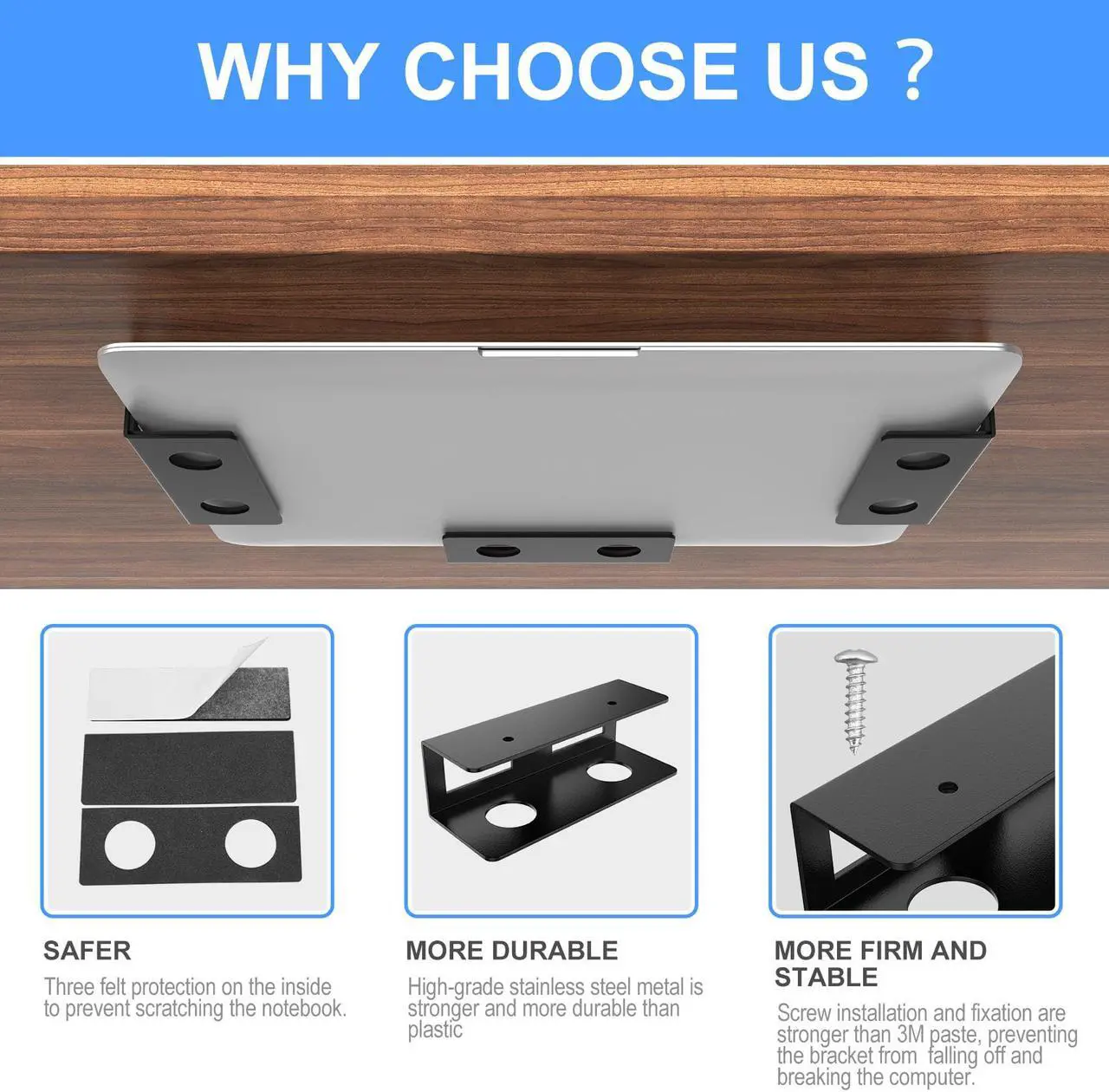 Alt view image 7 of 7 - Under Desk Laptop Mount Metal Bracket with Felt Board to Protect Your Laptop, Under Desk Laptop Tray Holder Desk Shelf with Screws to Enhanced Stability