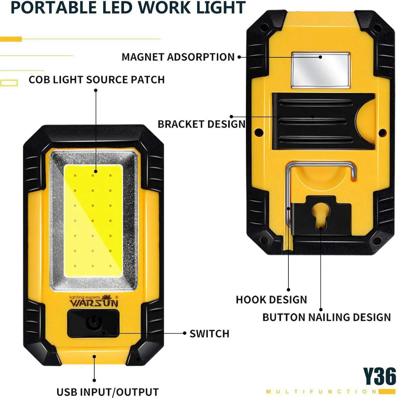 Alt view image 3 of 6 - WARSUN Led Work Lights Rechargeable Magnetic Mechanic Light Portable Worklight for Camping Car Repairing 30w 1200 High Lumens Bright Yellow