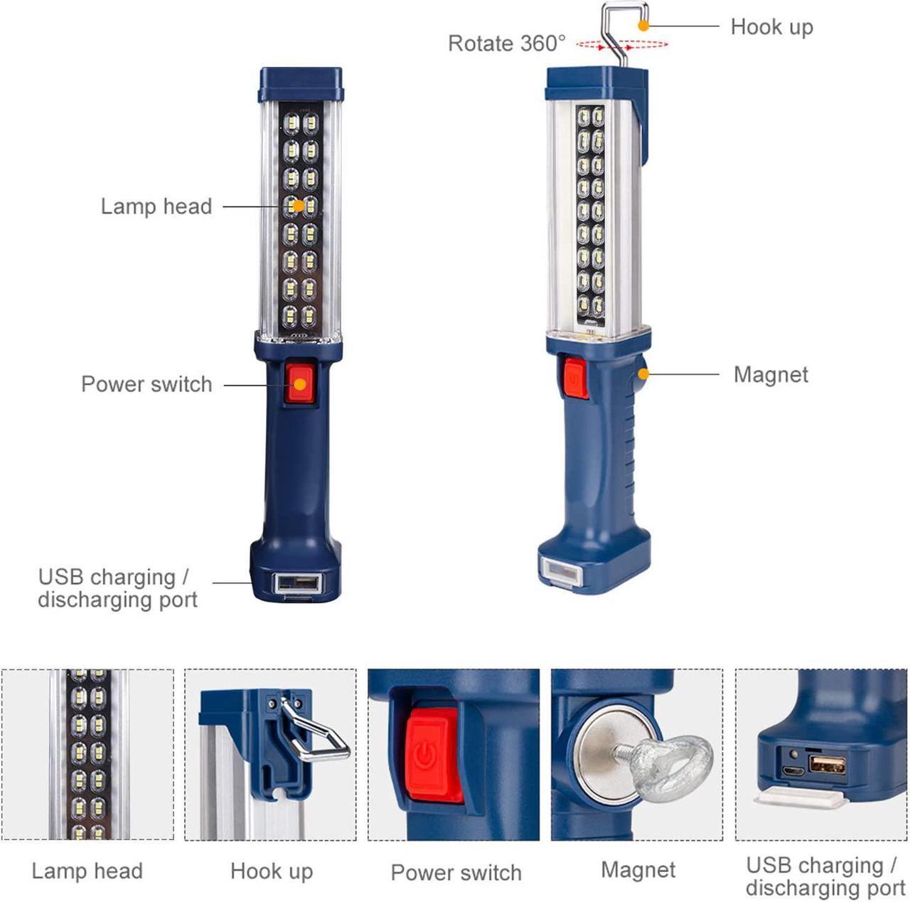 Alt view image 2 of 6 - WARSUN Portable LED Rechargeable Handheld Work Light,Magnetic Base & Hanging Hook, 30W 1200Lumens Super Bright, 5000K, for Car Repairing, Camping, Hiking, Backpacking, Fishing,