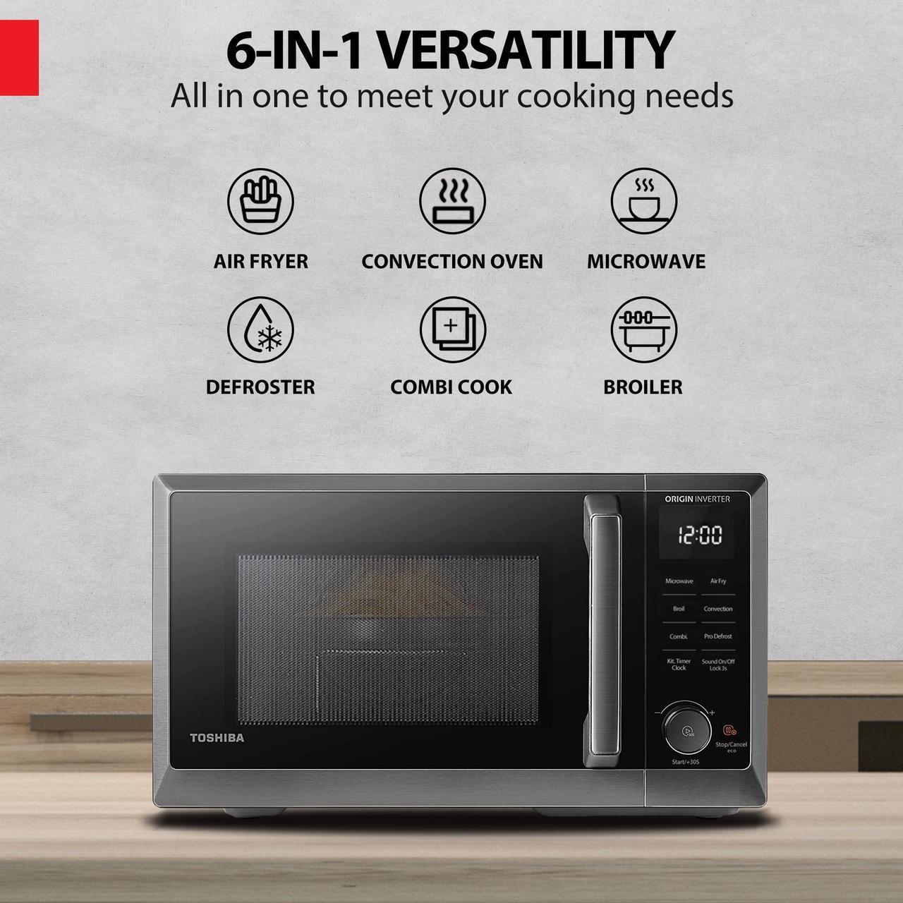 Alt view image 2 of 7 - Toshiba 6-in-1 Countertop Microwave Oven with Inverter Technology, Air Fryer and Speedy Combi, Small Convection Microwave with 27 Preset Menus, Eco-Mode, Sound On/Off, 0.9 cu.ft, 900W, Black