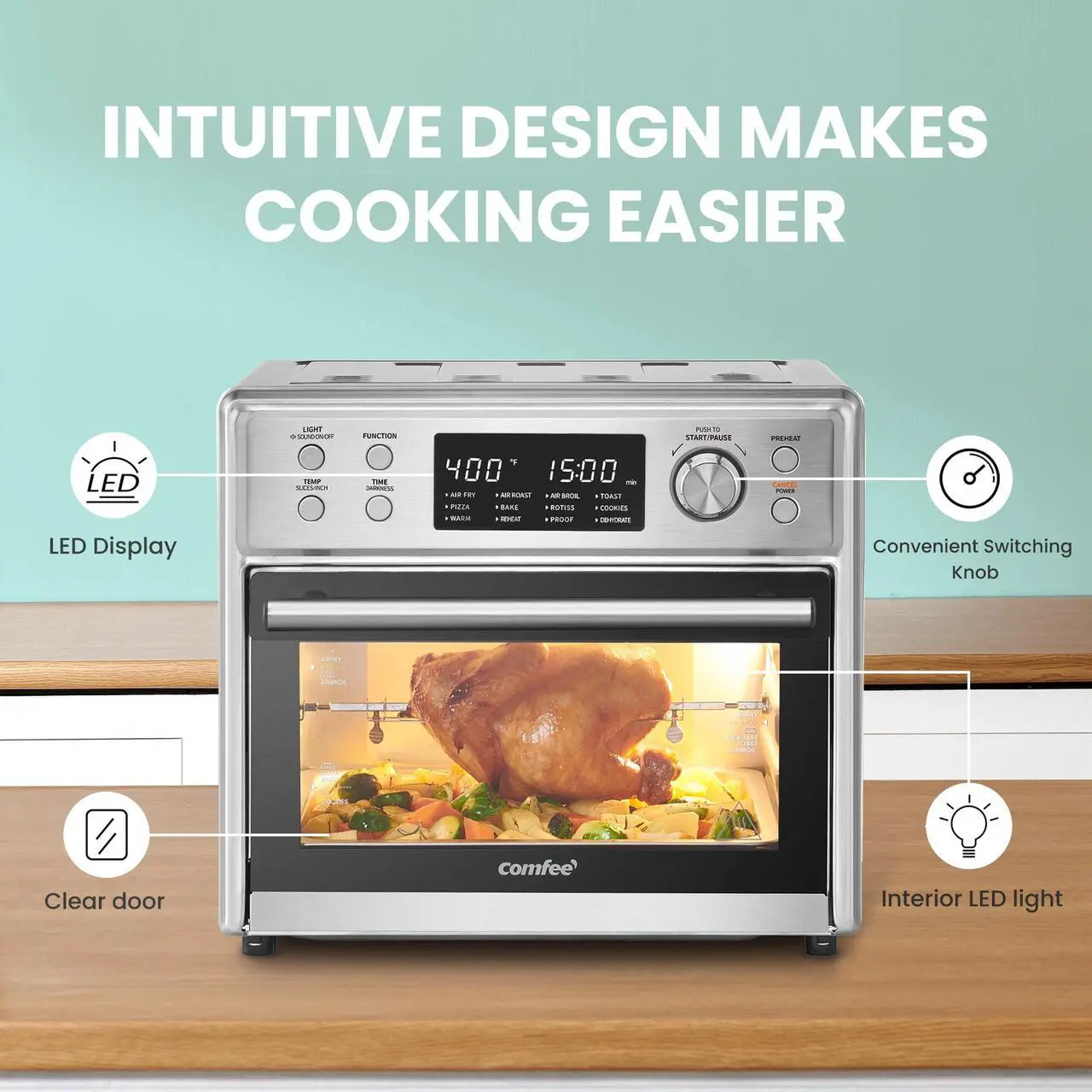 Alt view image 5 of 7 - COMFEE 12-in-1 Air Fryer Toaster Oven Combo 6 Slice Countertop Convection Oven with Rotisserie Precise Temperature Control 26.4 QT Large Capacity Fits 12 Pizza 6 Accessories Stainless Steel