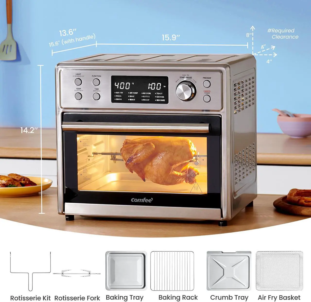 Alt view image 6 of 7 - COMFEE 12-in-1 Air Fryer Toaster Oven Combo 6 Slice Countertop Convection Oven with Rotisserie Precise Temperature Control 26.4 QT Large Capacity Fits 12 Pizza 6 Accessories Stainless Steel