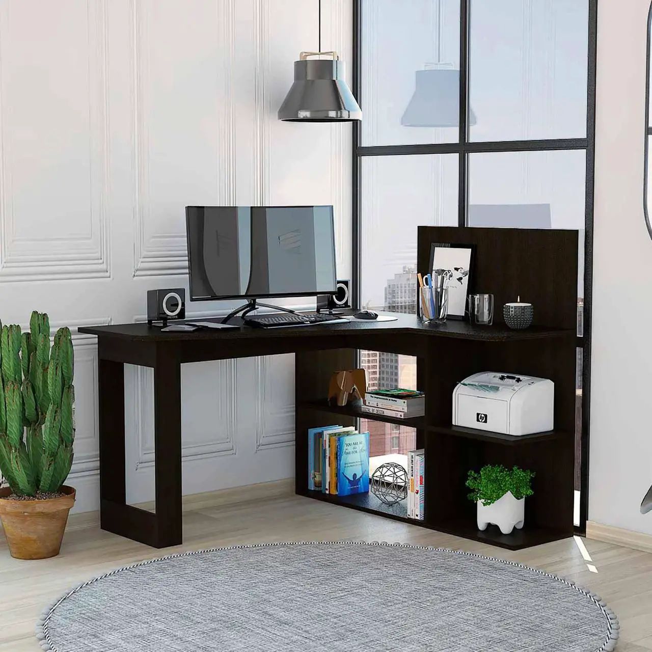 Main image of FM FURNITURE Fresno Computer Desk,  For An Office Or Home Office, With 4 Shelves, And Dual Table Top, Black Wengue Finish, Particle Board, Wood texture, Easy To Assamble.