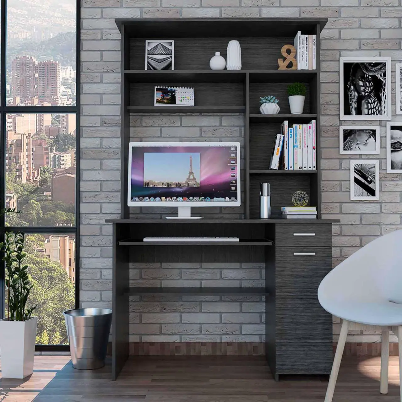 Main image of FM FURNITURE Weston 2 Computer Desk, For An Office Or Home Office, With 2 Drawers, 6 Shelves And A Hutch, Gray Oak Finish, Particle Board, Wood texture, Easy To Assamble.