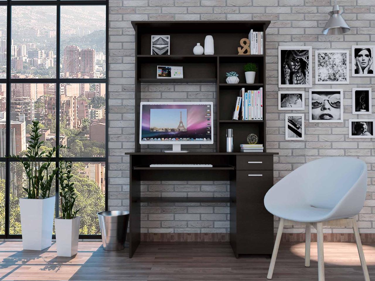 Main image of FM FURNITURE Weston 2 Computer Desk, For An Office Or Home Office, With 2 Drawers, 6 Shelves And A Hutch, Black Wengue Finish, Particle Board, Wood texture, Easy To Assamble.