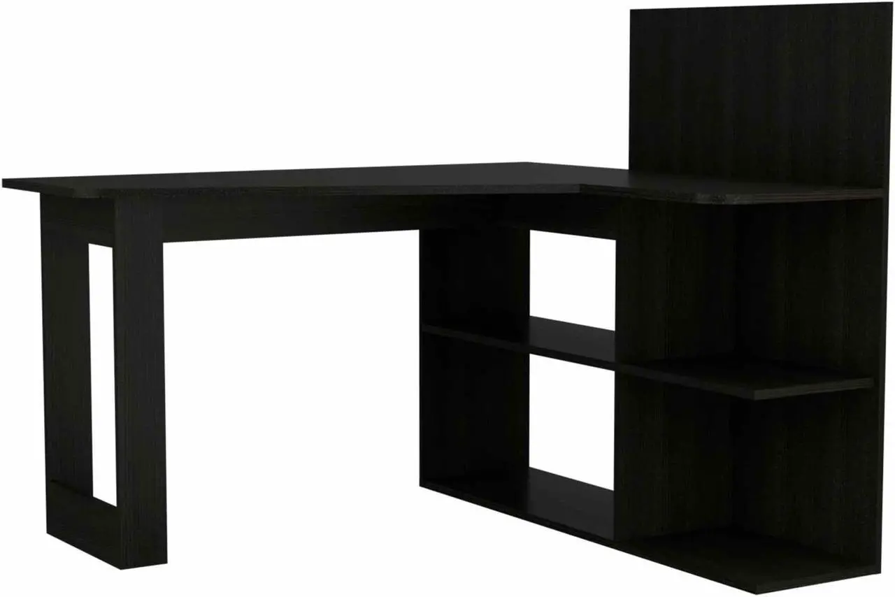 Alt view image 5 of 7 - FM FURNITURE Fresno Computer Desk,  For An Office Or Home Office, With 4 Shelves, And Dual Table Top, Black Wengue Finish, Particle Board, Wood texture, Easy To Assamble.