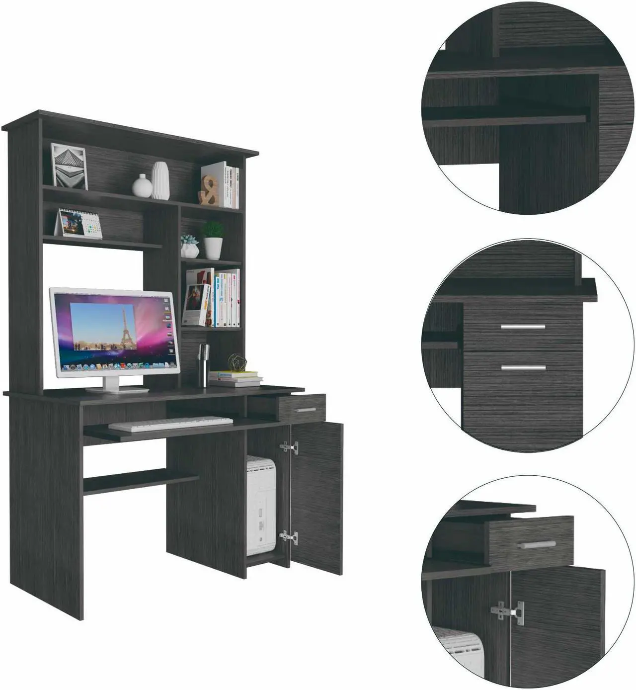 Alt view image 3 of 7 - FM FURNITURE Weston 2 Computer Desk, For An Office Or Home Office, With 2 Drawers, 6 Shelves And A Hutch, Gray Oak Finish, Particle Board, Wood texture, Easy To Assamble.