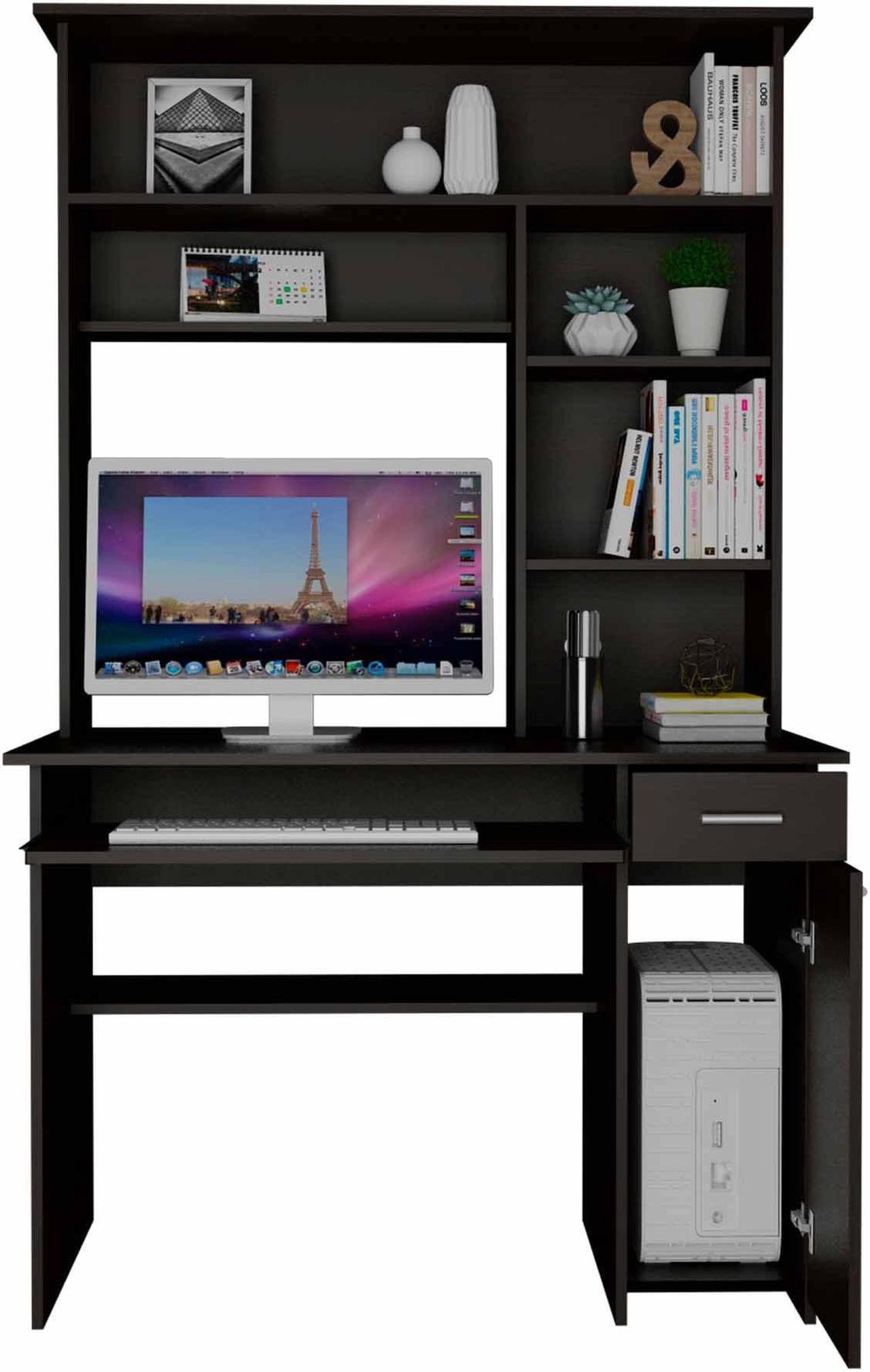 Alt view image 5 of 7 - FM FURNITURE Weston 2 Computer Desk, For An Office Or Home Office, With 2 Drawers, 6 Shelves And A Hutch, Black Wengue Finish, Particle Board, Wood texture, Easy To Assamble.