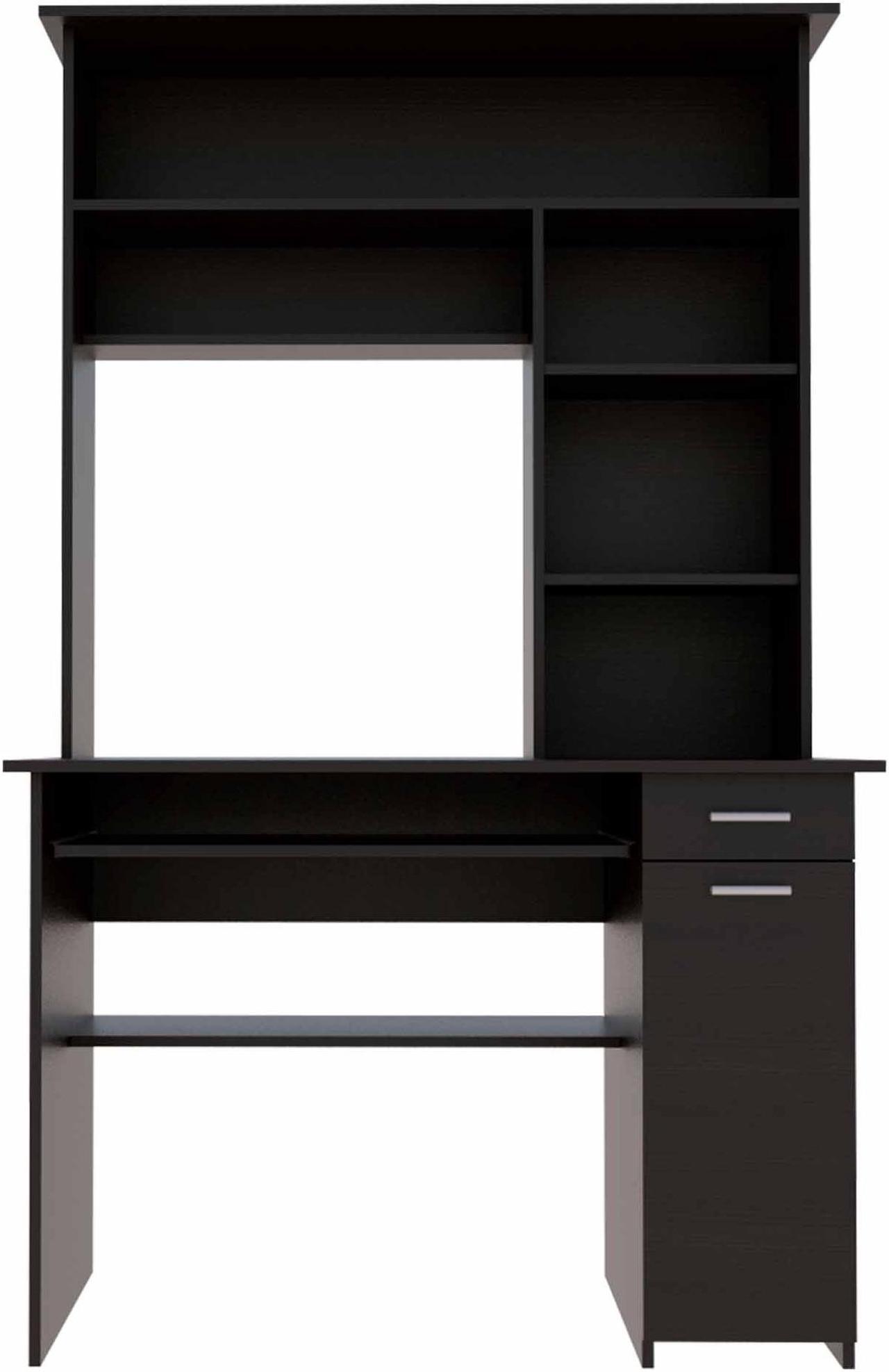 Alt view image 4 of 7 - FM FURNITURE Weston 2 Computer Desk, For An Office Or Home Office, With 2 Drawers, 6 Shelves And A Hutch, Black Wengue Finish, Particle Board, Wood texture, Easy To Assamble.