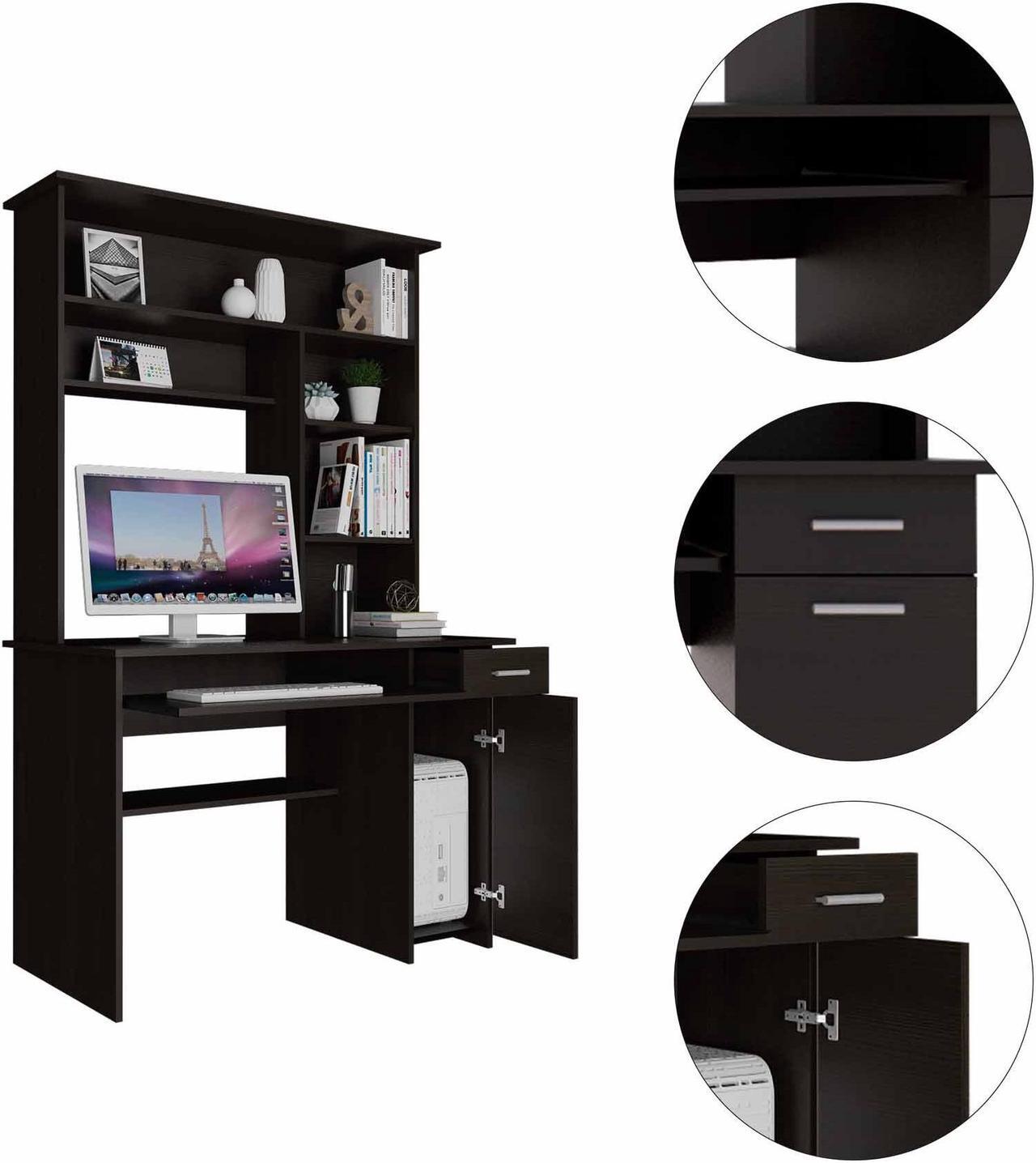 Alt view image 3 of 7 - FM FURNITURE Weston 2 Computer Desk, For An Office Or Home Office, With 2 Drawers, 6 Shelves And A Hutch, Black Wengue Finish, Particle Board, Wood texture, Easy To Assamble.