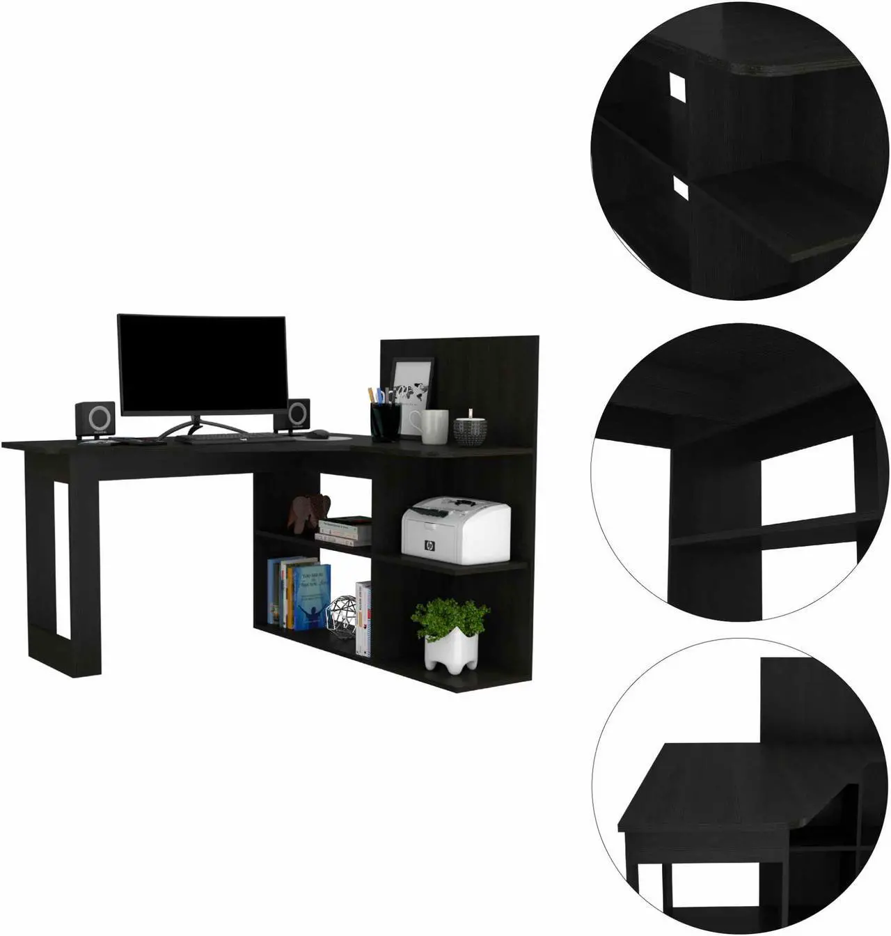 Alt view image 2 of 7 - FM FURNITURE Fresno Computer Desk,  For An Office Or Home Office, With 4 Shelves, And Dual Table Top, Black Wengue Finish, Particle Board, Wood texture, Easy To Assamble.