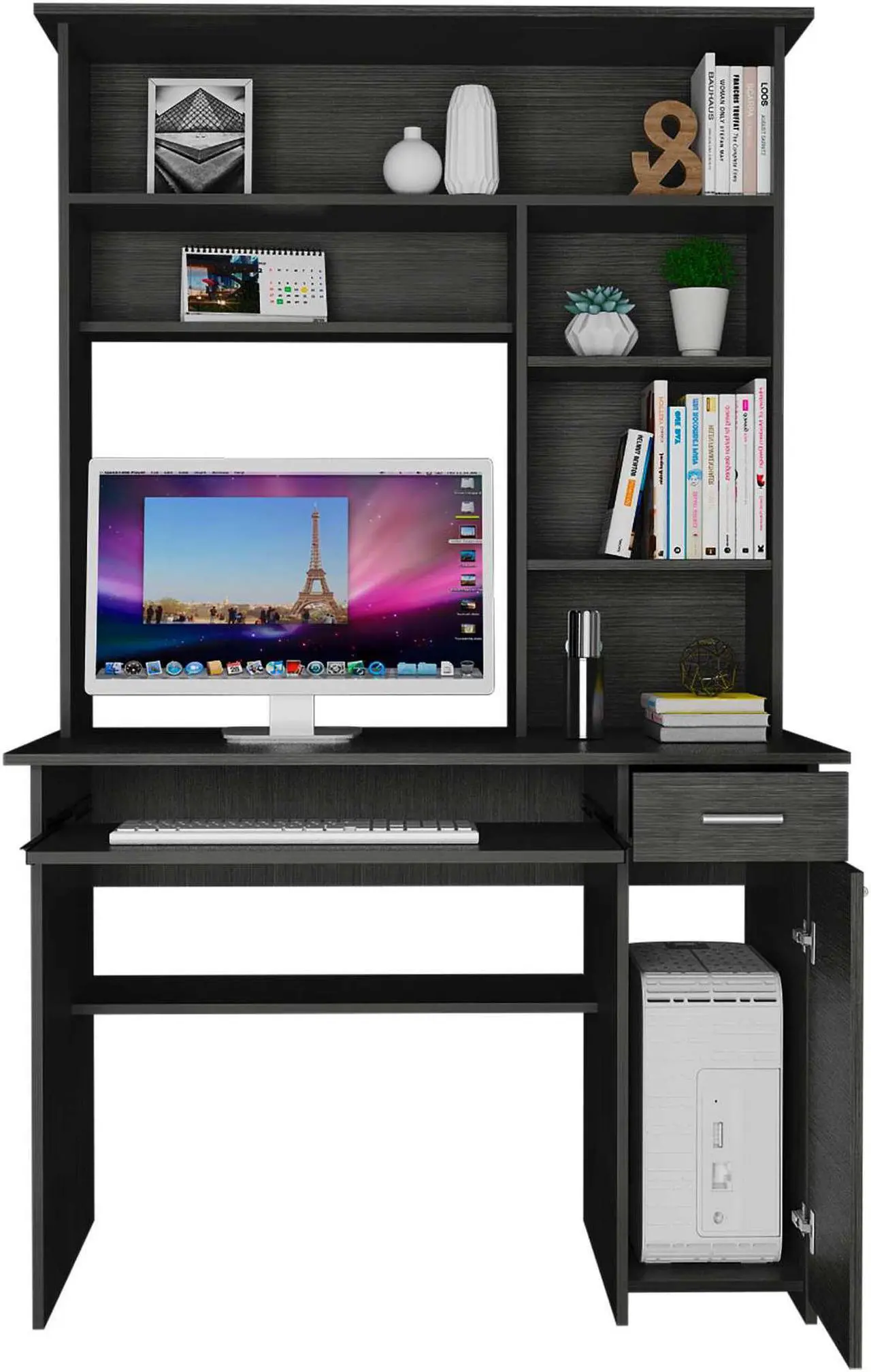 Alt view image 5 of 7 - FM FURNITURE Weston 2 Computer Desk, For An Office Or Home Office, With 2 Drawers, 6 Shelves And A Hutch, Gray Oak Finish, Particle Board, Wood texture, Easy To Assamble.