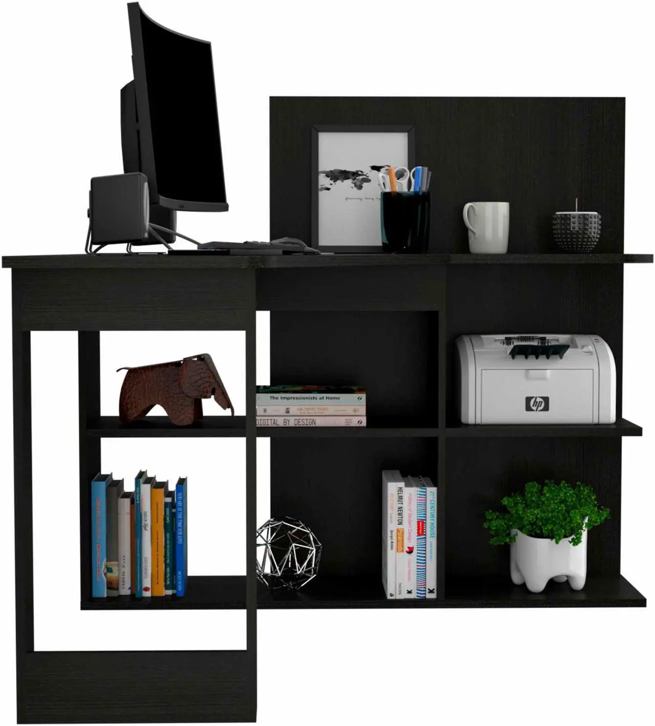 Alt view image 4 of 7 - FM FURNITURE Fresno Computer Desk,  For An Office Or Home Office, With 4 Shelves, And Dual Table Top, Black Wengue Finish, Particle Board, Wood texture, Easy To Assamble.