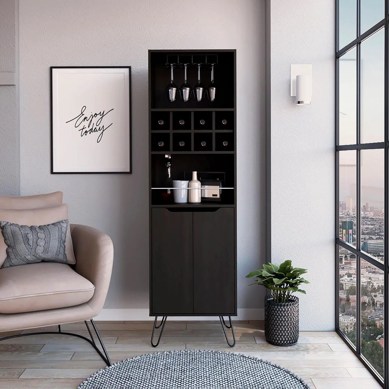Main image of Sheffield H Bar Cabinet, Eight Bottle Cubbies, Two Glass Shelves