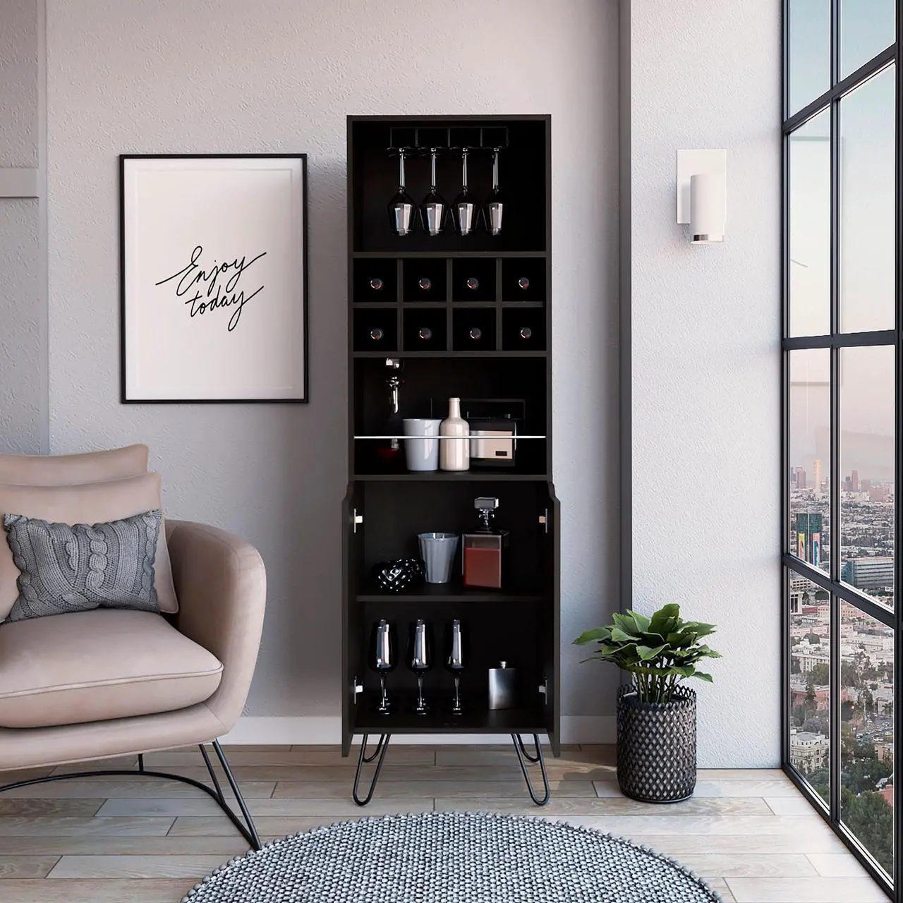 Alt view image 2 of 6 - Sheffield H Bar Cabinet, Eight Bottle Cubbies, Two Glass Shelves