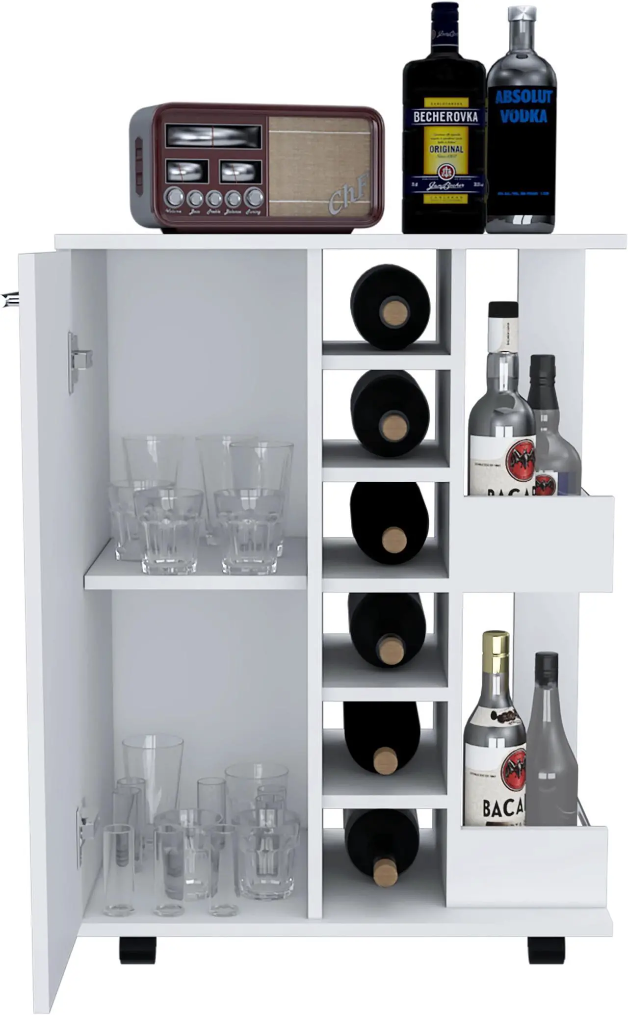 Alt view image 4 of 7 - Tennessee Bar Cart, One Cabinet With Division, Six Cubbies For Liquor, Two Shelves