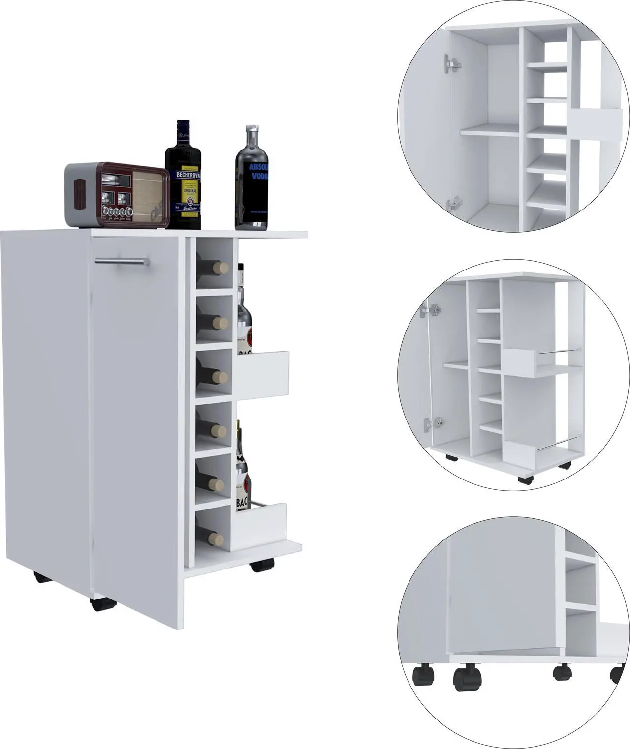 Alt view image 5 of 7 - Tennessee Bar Cart, One Cabinet With Division, Six Cubbies For Liquor, Two Shelves