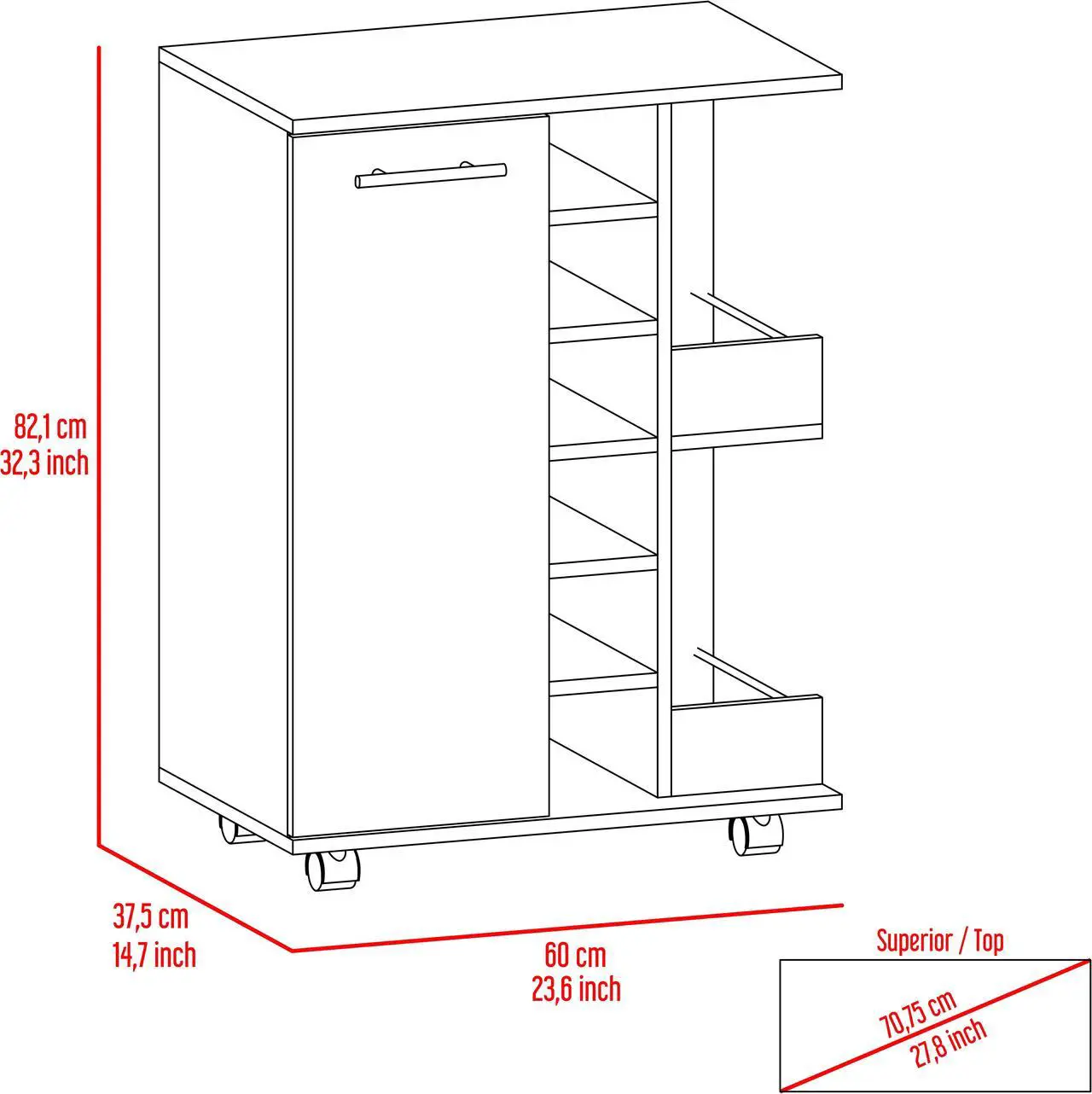 Alt view image 6 of 7 - Tennessee Bar Cart, One Cabinet With Division, Six Cubbies For Liquor, Two Shelves