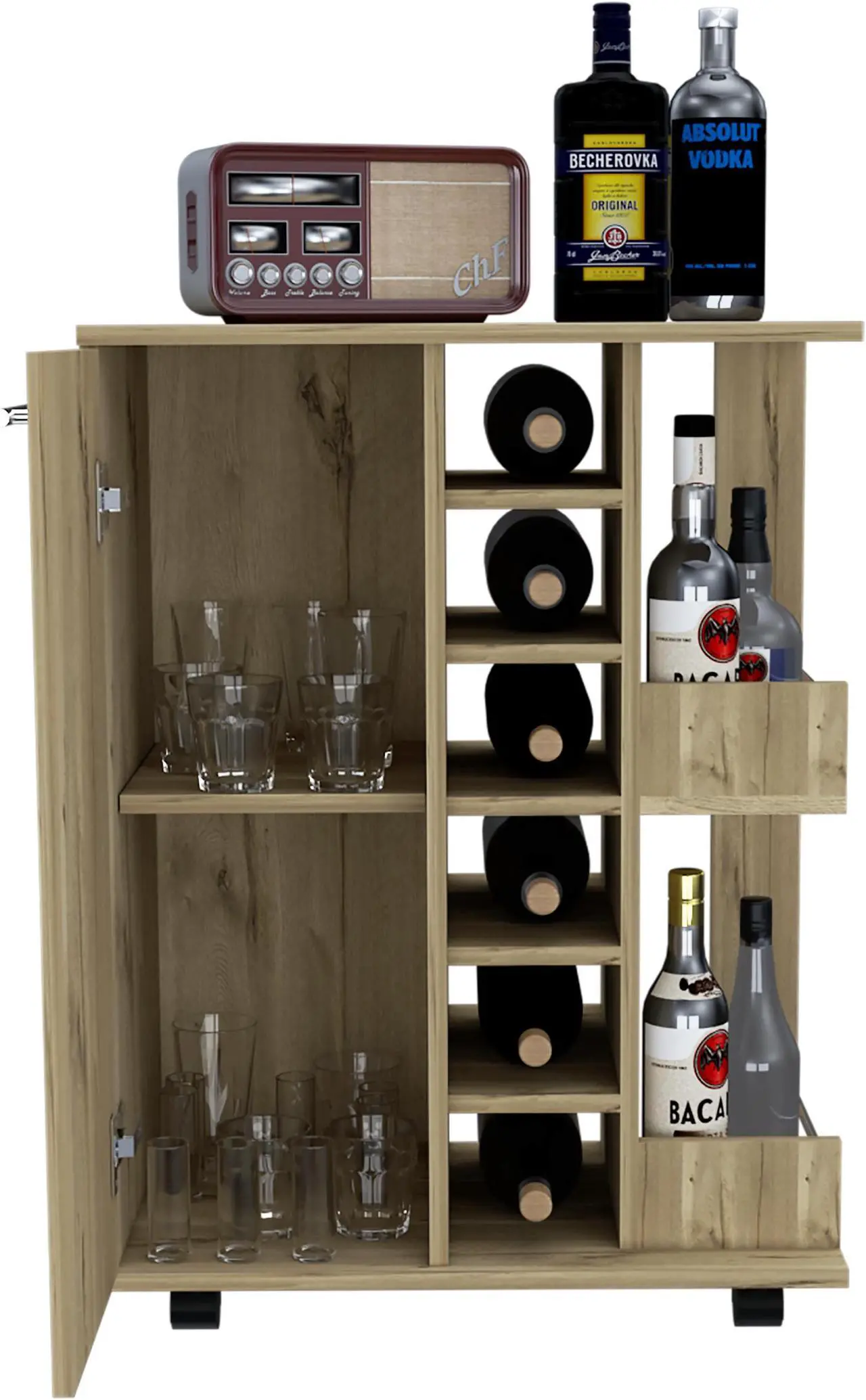 Alt view image 2 of 7 - Tennessee Bar Cart, One Cabinet With Division, Six Cubbies For Liquor, Two Shelves