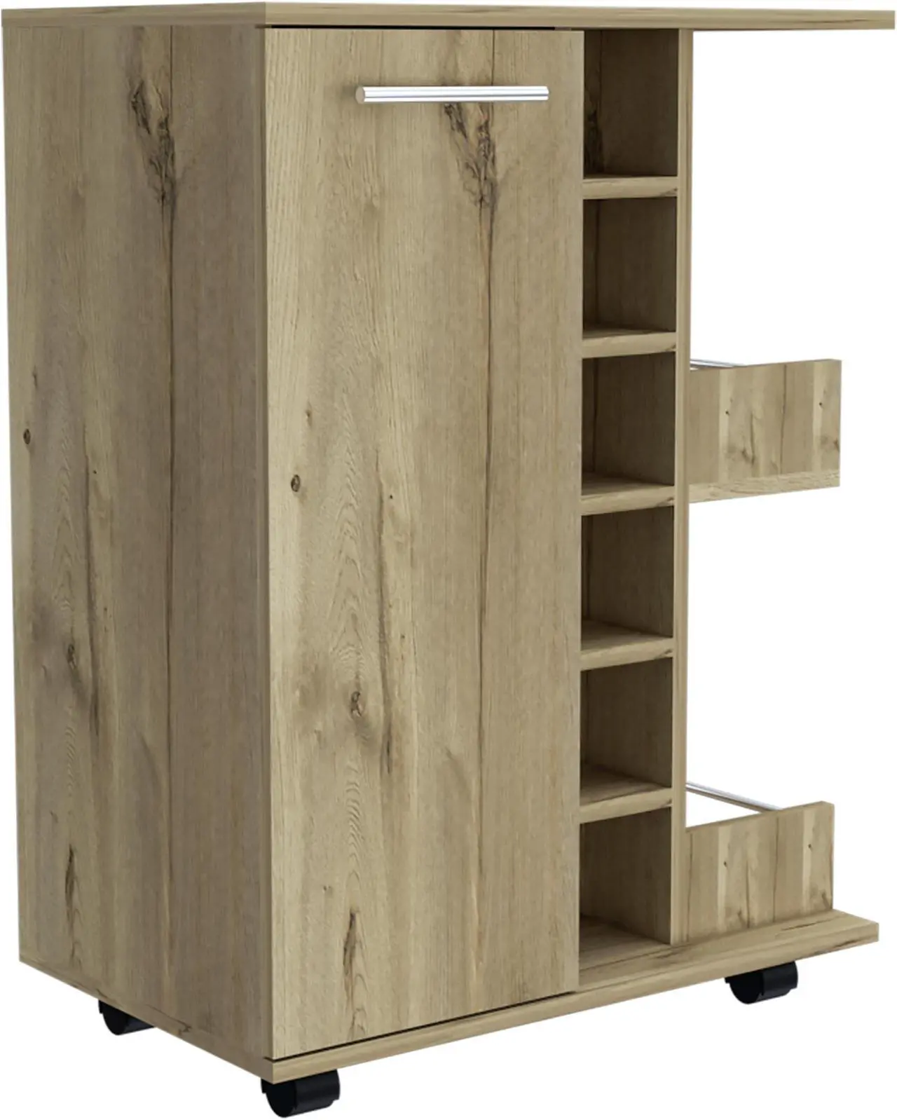 Alt view image 3 of 7 - Tennessee Bar Cart, One Cabinet With Division, Six Cubbies For Liquor, Two Shelves