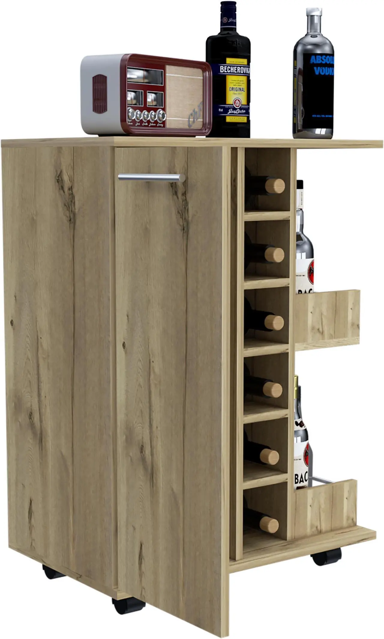 Alt view image 5 of 7 - Tennessee Bar Cart, One Cabinet With Division, Six Cubbies For Liquor, Two Shelves
