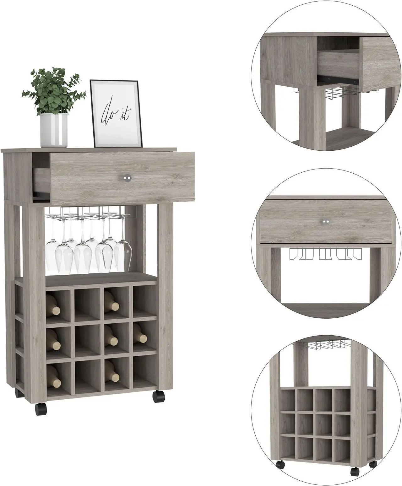 Alt view image 5 of 7 - Ace Bar Cart, Twelve Built-in Wine Rack, Casters, Drawer