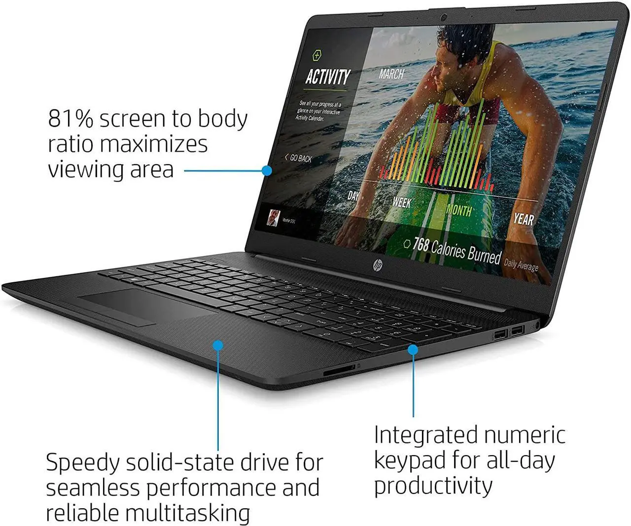 Alt view image 3 of 7 - 2021 HP Notebook 15 Laptop, 15.6" Full HD Screen, Intel Celeron N4020 Processor, 16GB DDR4 Memory, 1TB SSD, Webcam, Type-C, RJ-45, HDMI, Windows 10 Home, Black