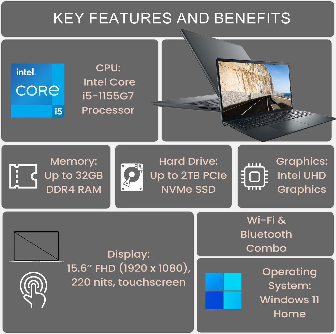 Alt view image 3 of 6 - Dell Inspiron 3000 Series 3520 Laptop, 15.6" FHD Touchscreen, Intel Core i5-1155G7, 32GB DDR4 RAM, 2TB PCIe SSD, Webcam, SD Card Reader, Wi-Fi, Windows 11 Home, Black