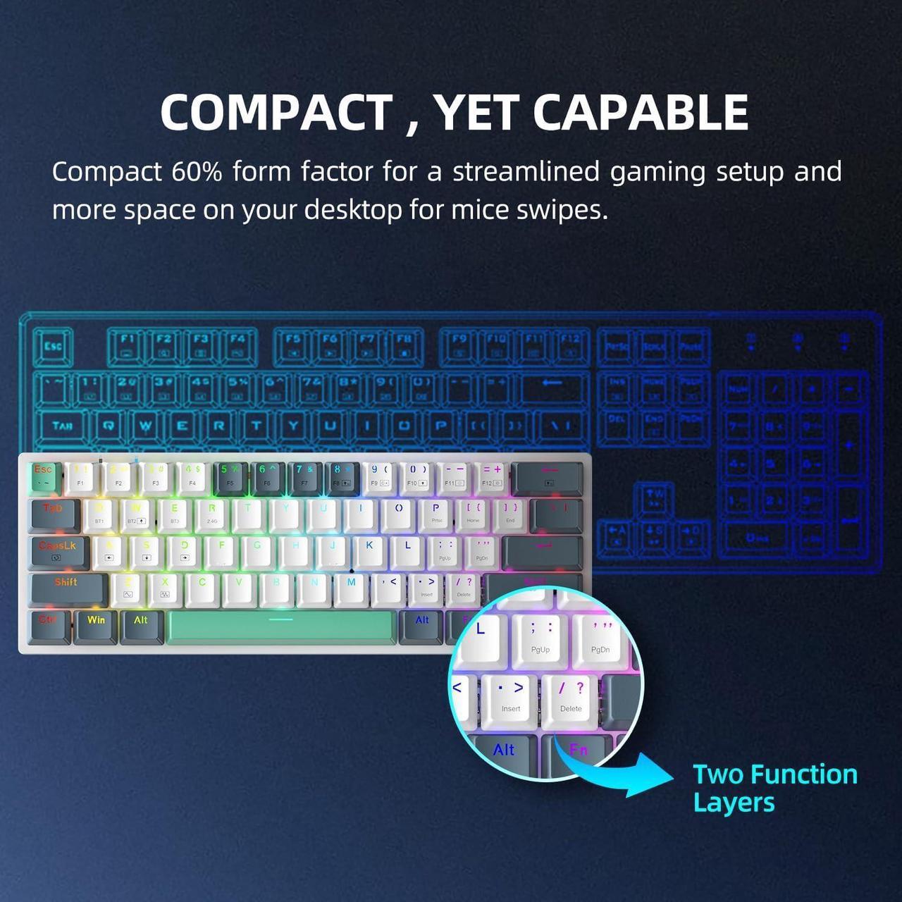 Alt view image 2 of 5 - Machenike K500-B61W 60% Wireless Mechanical Gaming Keyboard, 61 Keys Ultra-Compact Hot Swappable Linear Red Switch, Dynamic RGB Backlit, Anti-Ghosting, Double-Shot PBT Keycaps, Win/Mac, White