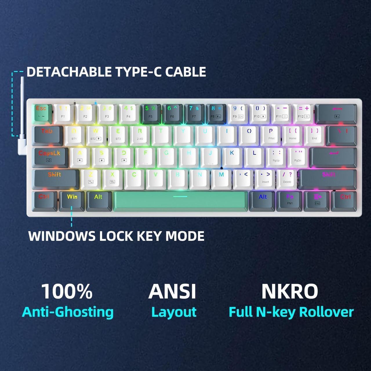 Alt view image 5 of 5 - Machenike K500-B61W 60% Wireless Mechanical Gaming Keyboard, 61 Keys Ultra-Compact Hot Swappable Linear Red Switch, Dynamic RGB Backlit, Anti-Ghosting, Double-Shot PBT Keycaps, Win/Mac, White