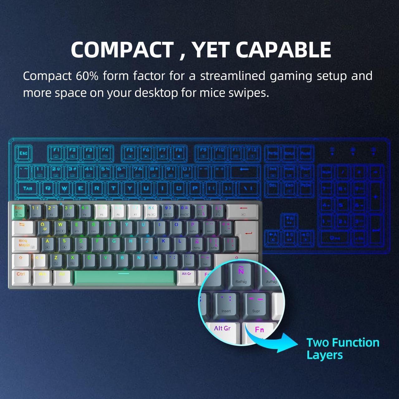 Alt view image 2 of 5 - Machenike K500-B61W 60% Wireless Mechanical Gaming Keyboard, 61 Keys Ultra-Compact Hot Swappable Tactile Brown Switch, Dynamic RGB Backlit, Anti-Ghosting, Double-Shot PBT Keycaps, Win/Mac, White