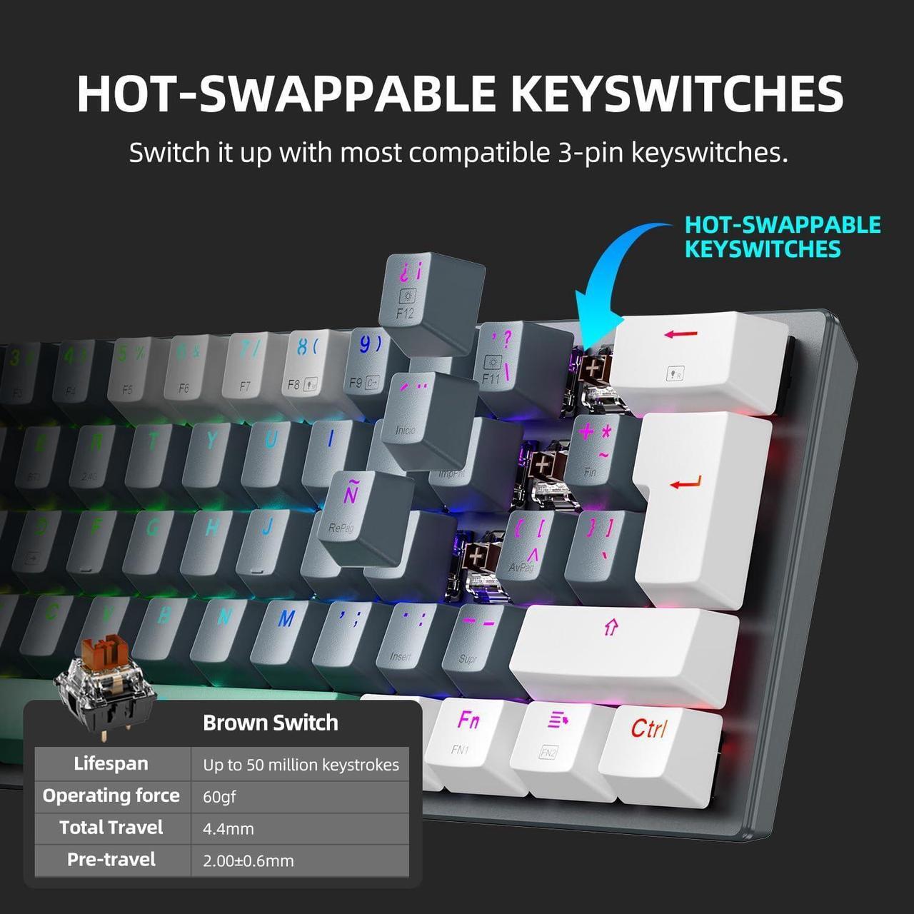 Alt view image 4 of 5 - Machenike K500-B61W 60% Wireless Mechanical Gaming Keyboard, 61 Keys Ultra-Compact Hot Swappable Tactile Brown Switch, Dynamic RGB Backlit, Anti-Ghosting, Double-Shot PBT Keycaps, Win/Mac, White