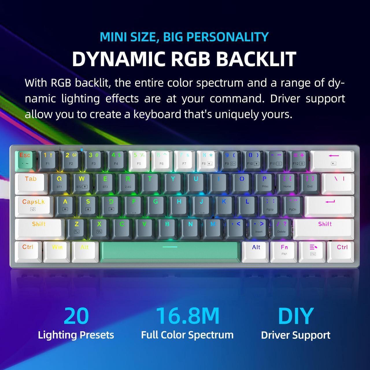 Alt view image 3 of 5 - Machenike K500-B61W 60% Wireless Mechanical Gaming Keyboard, 61 Keys Ultra-Compact Hot Swappable Tactile Brown Switch, Dynamic RGB Backlit, Anti-Ghosting, Double-Shot PBT Keycaps, Win/Mac, White