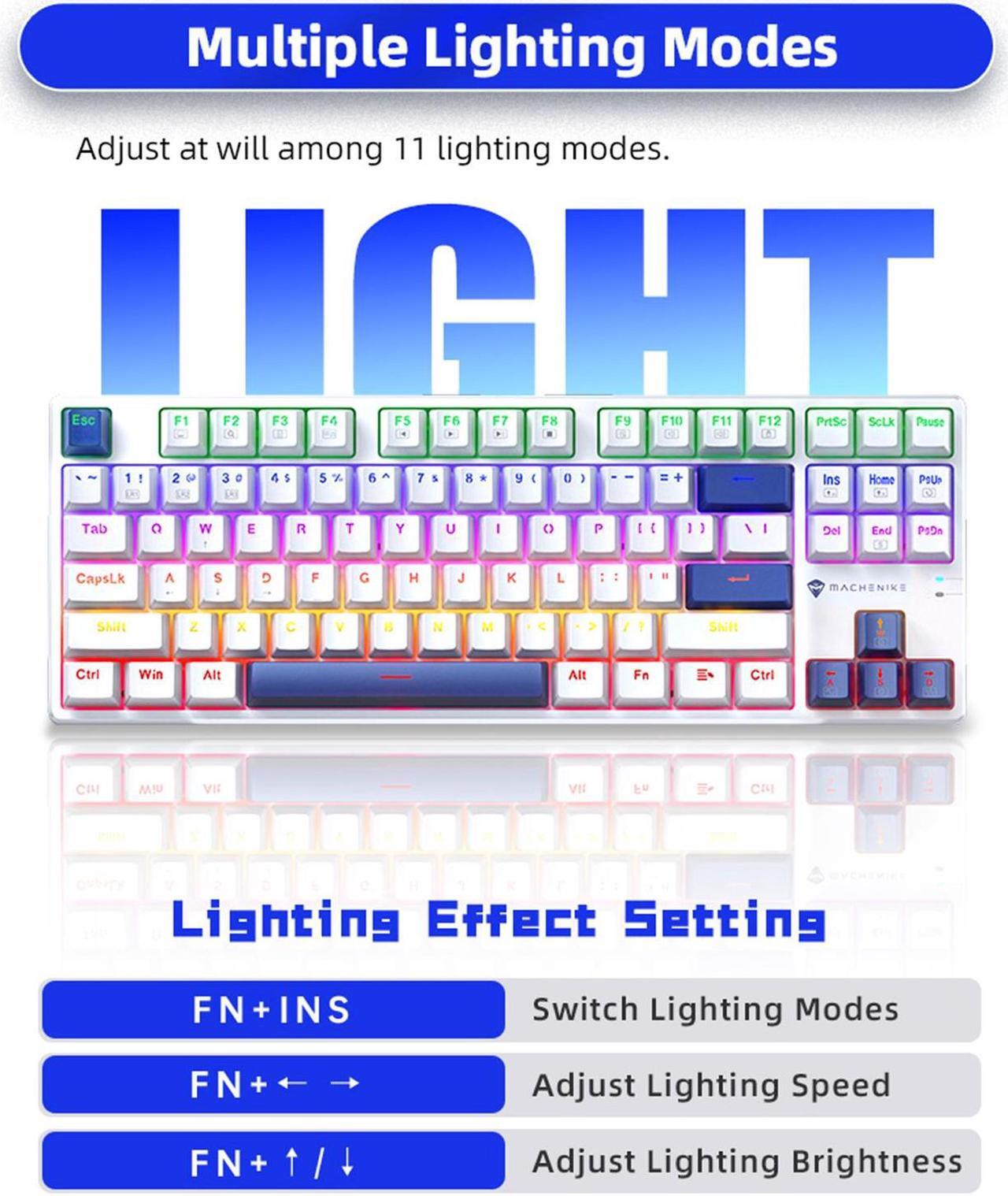 Alt view image 5 of 5 - Machenike K500B 75% Mechanical Keyboard, 87 Keys TKL Compact Gaming Wired Keyboard, Hot Swappable Clicky Blue Switch, Dynamic RGB Backlit, PBT Keycaps, White/Blue
