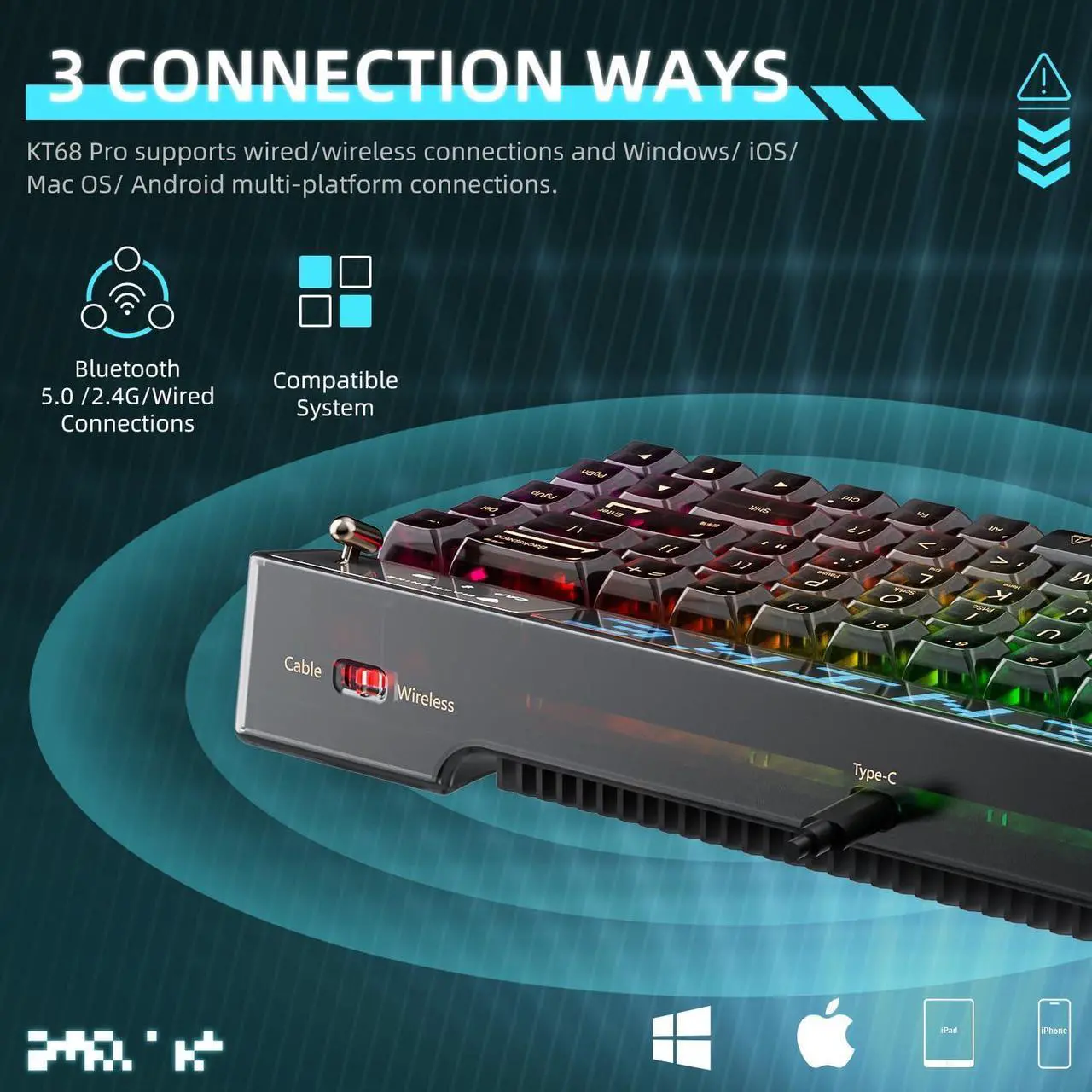 Alt view image 2 of 5 - Machenike KT68 Pro 65% RGB Wireless Compact Mechanical Gaming Keyboard, Customizable LED Screen, 3-Modes 68 Keys Hot Swappable Gateron Brown Switch,Transparent Keycaps, Win/Mac, Black