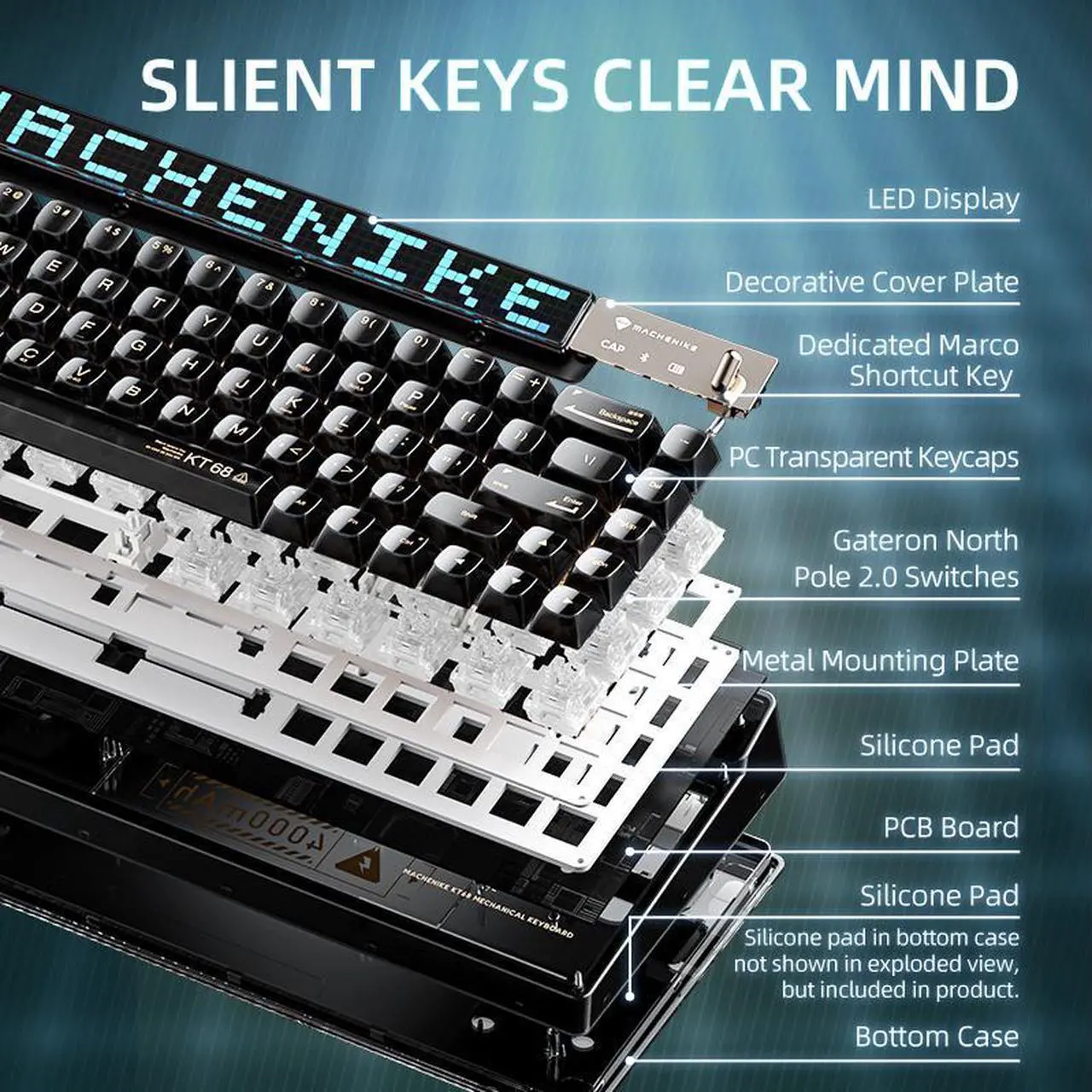Alt view image 3 of 5 - Machenike KT68 Pro 65% RGB Wireless Compact Mechanical Gaming Keyboard, Customizable LED Screen, 3-Modes 68 Keys Hot Swappable Gateron Brown Switch,Transparent Keycaps, Win/Mac, Black