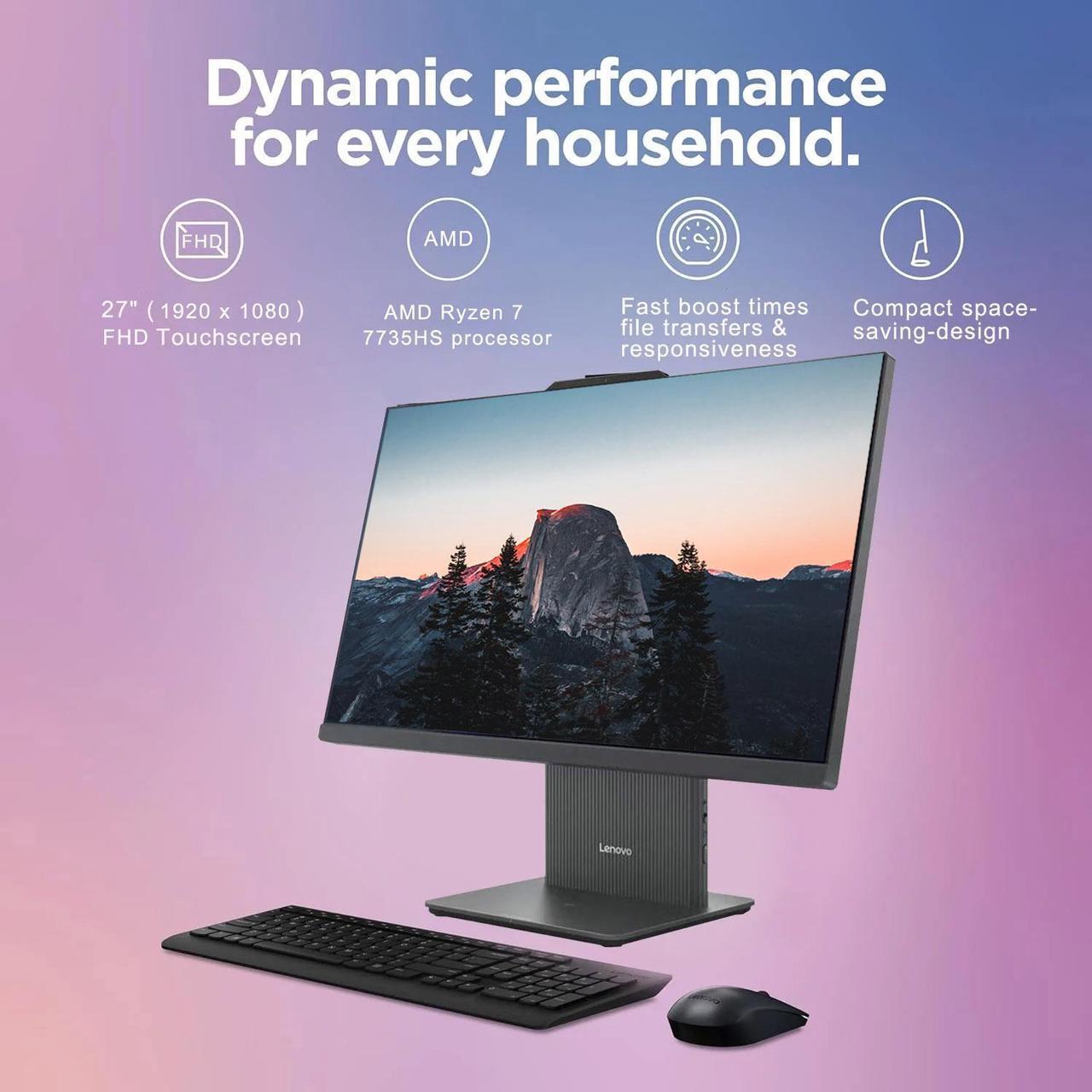 Alt view image 2 of 5 - Lenovo IdeaCentre I Gen 9 Daily All-in-One, 27" FHD Touchscreen 100Hz, AMD Ryzen 7 7735HS, 64GB DDR5 RAM, 1TB SSD, Webcam, HDMI, Wireless Keyboard & Mouse, Wi-Fi 6, Windows 11 Pro, Grey