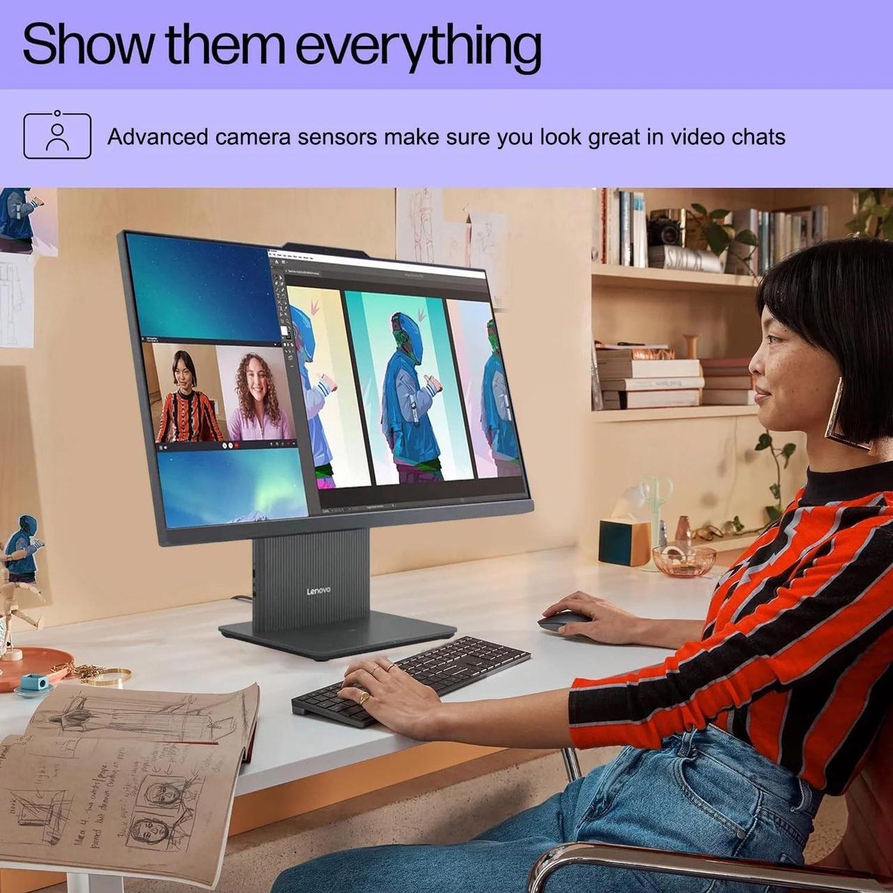 Alt view image 5 of 5 - Lenovo IdeaCentre I Gen 9 Daily All-in-One, 27" FHD Touchscreen 100Hz, AMD Ryzen 7 7735HS, 64GB DDR5 RAM, 1TB SSD, Webcam, HDMI, Wireless Keyboard & Mouse, Wi-Fi 6, Windows 11 Pro, Grey