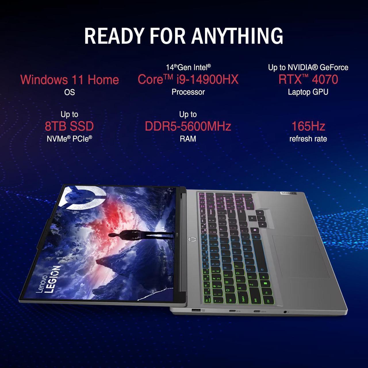 Alt view image 2 of 7 - Lenovo Newest Legion 16" QHD+ i9 RTX 4070 Gaming Laptop, 16" QHD+ (2560 x 1600) 165 Hz, Intel i9-14900HX, NVIDIA GeForce RTX 4070 (Boost Clock 2175MHz, TGP 140W), 64GB RAM, 1TB SSD, Windows 11 Home