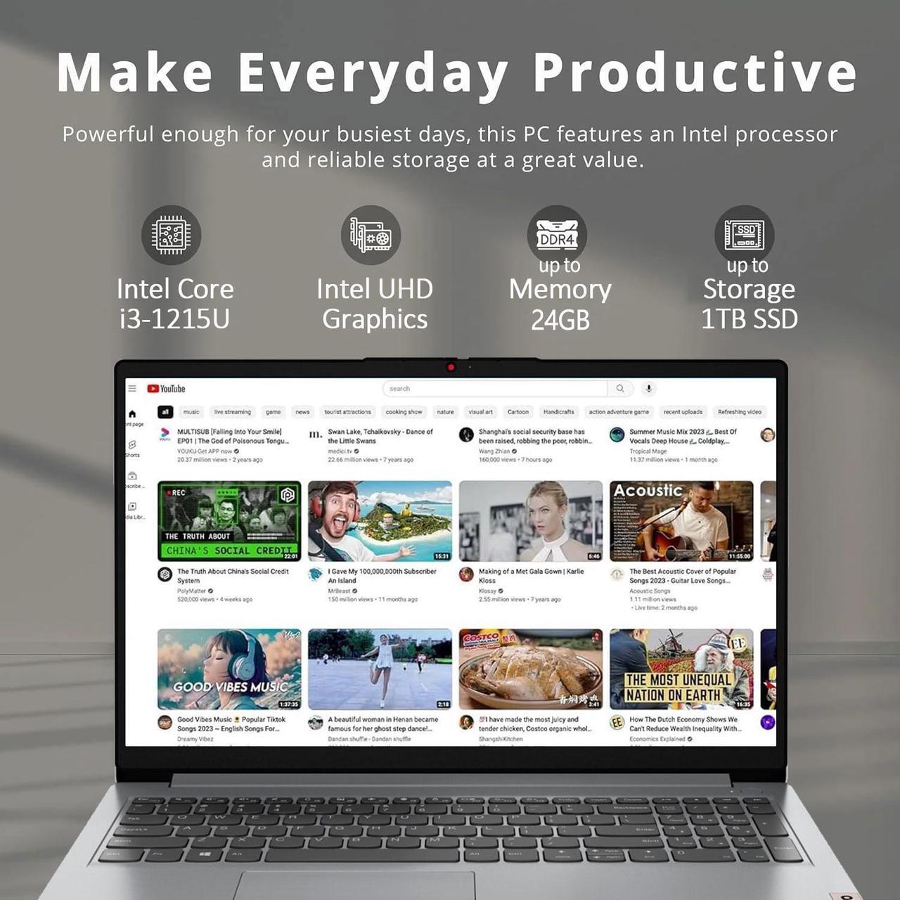 Alt view image 2 of 7 - Lenovo IdeaPad 1 Laptop, 15.6" FHD Touchscreen, Intel Core i3-1215U Processor, 12GB RAM, 256GB PCIe SSD, SD Card Reader, HDMI, Webcam, Wi-Fi 6, Windows 11 Home, Grey