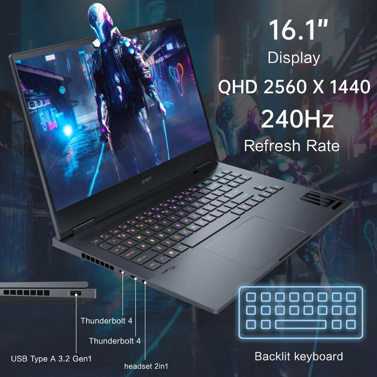 Alt view image 4 of 5 - HP Omen 16.1" i9 RTX 4080 Gaming Laptop, QHD 240Hz Display, Intel i9-14900HX, NVIDIA GeForce RTX 4080, 32GB DDR5 RAM, 1TB SSD, RGB Backlit KB, Wi-Fi 7, W11H, HyperX Cloud II Core Wireless headset