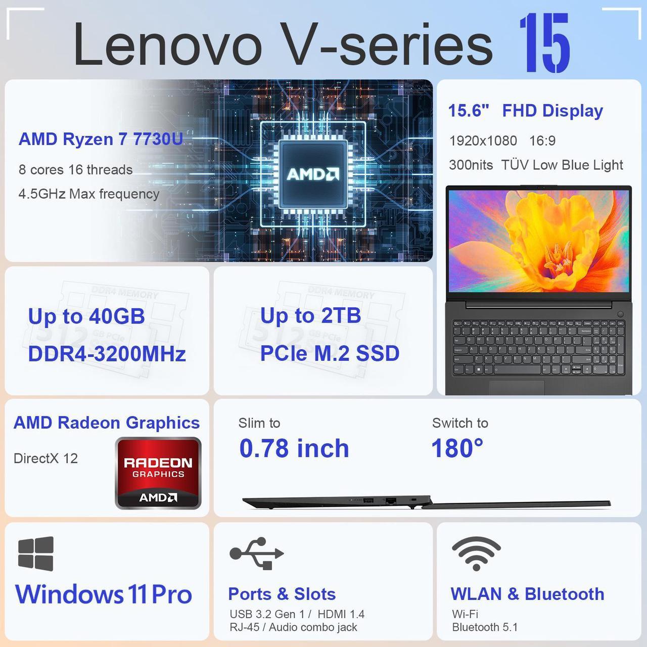 Alt view image 2 of 5 - Lenovo V-Series V15 Business Laptop, 15.6" FHD Display, AMD Ryzen 7 7730U, 40GB RAM, 1TB SSD, Numeric Keypad, HDMI, RJ45, Webcam, Wi-Fi, Windows 11 Pro, Black