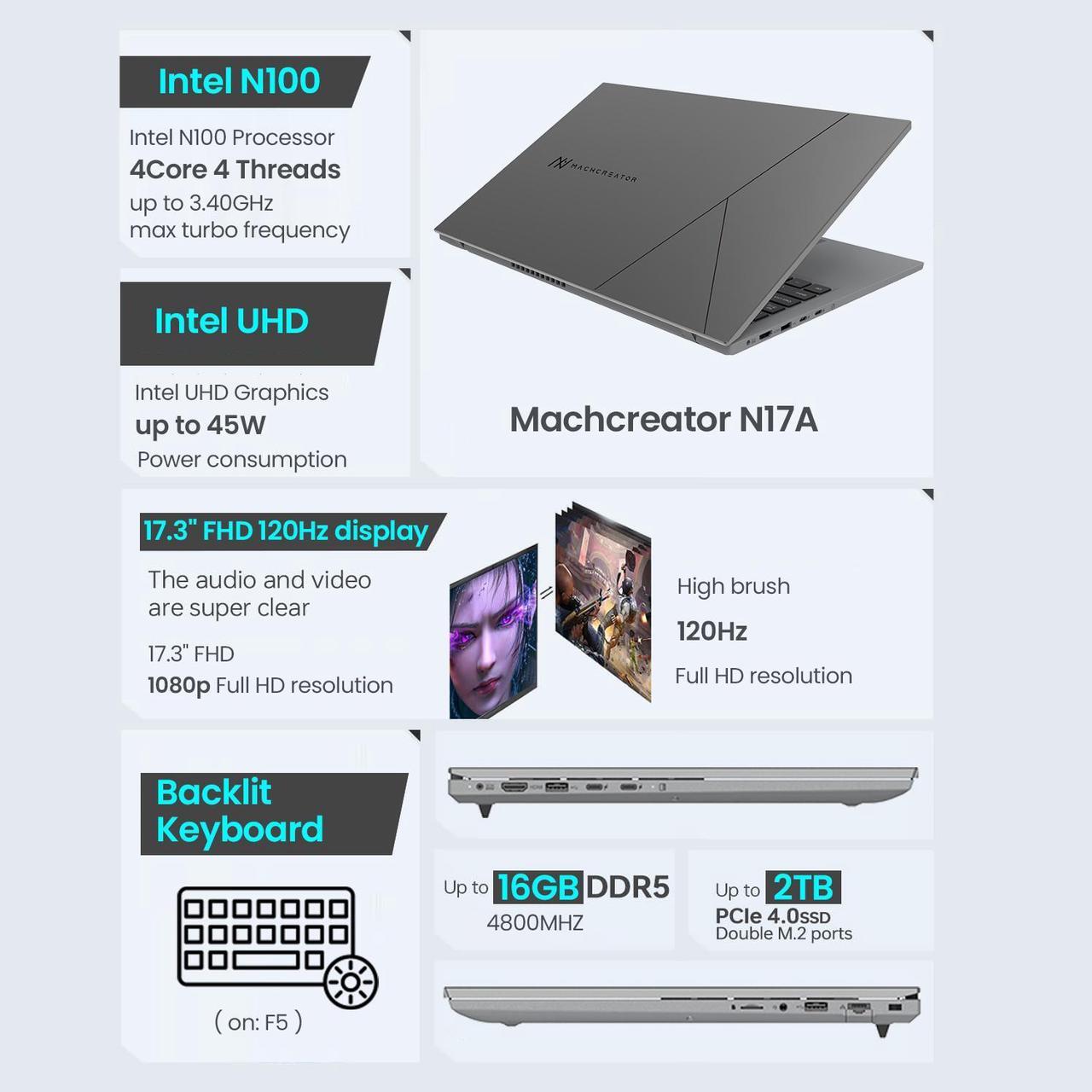 Alt view image 2 of 5 - Machenike Machcreator N17A 17.3" Laptop, 17.3" FHD 120Hz Display, Intel N100 Processor, 8GB DDR5 RAM, 256GB SSD, Backlit Keyboard, SD Card Reader, Wi-Fi, HDMI, Webcam, Windows 11 Home, Gray