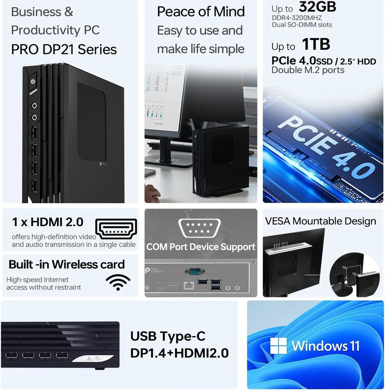 Alt view image 2 of 6 - MSI PRO DP21 Tiny Business Desktop, Intel Core i3-13100 Processor, 16GB RAM, 512GB SSD, USB A&C, HDMI, DP, Support 2-Monitor 4K, RJ-45, Wi-Fi, Wired Keyboard & Mouse, Windows 11 Pro, Black