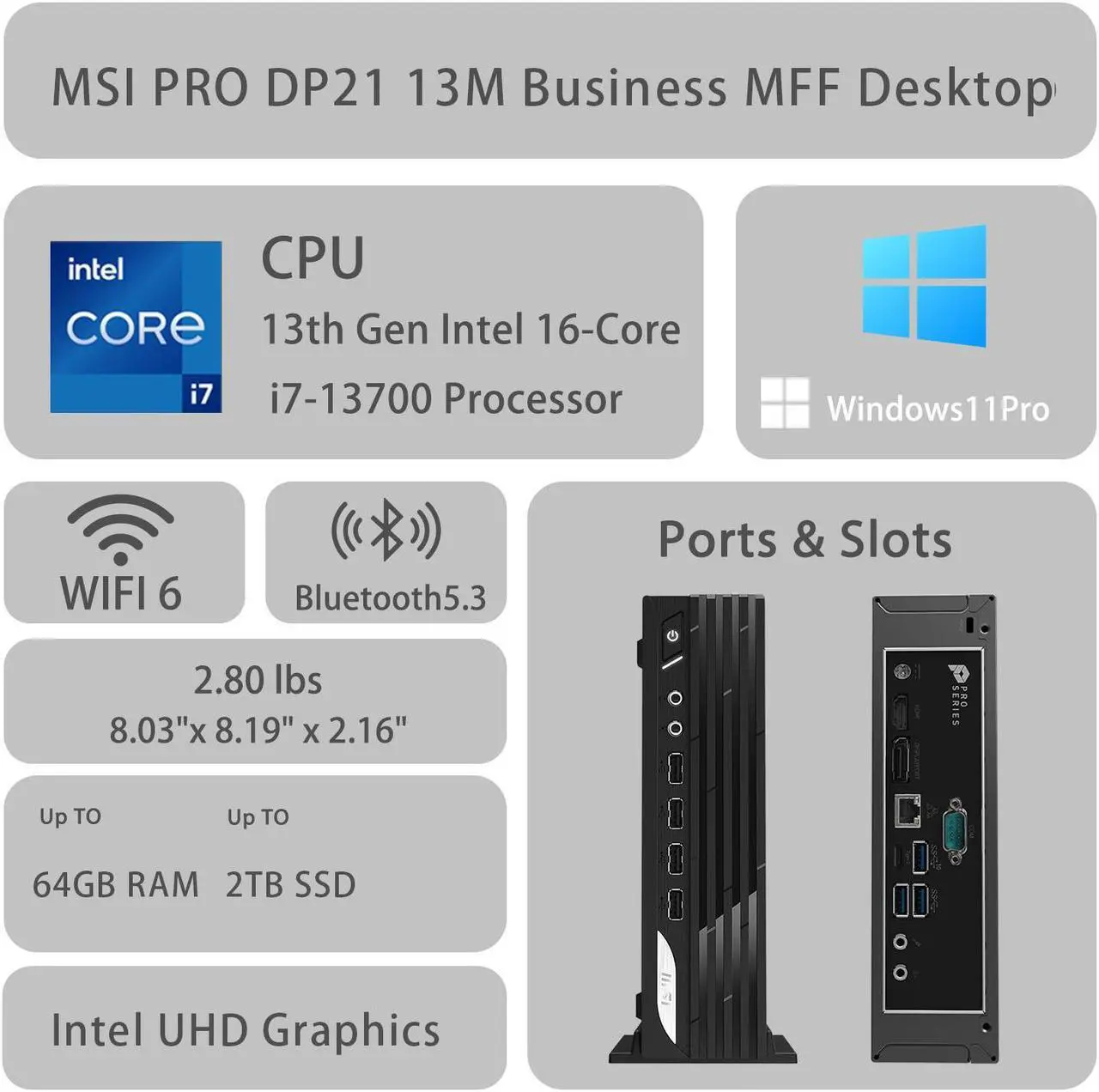 Alt view image 2 of 6 - MSI PRO DP21 Business MFF Desktop, Intel Core i7-13700, 32GB RAM, 1TB SSD, Wi-Fi 6, Win 11 Pro, Black