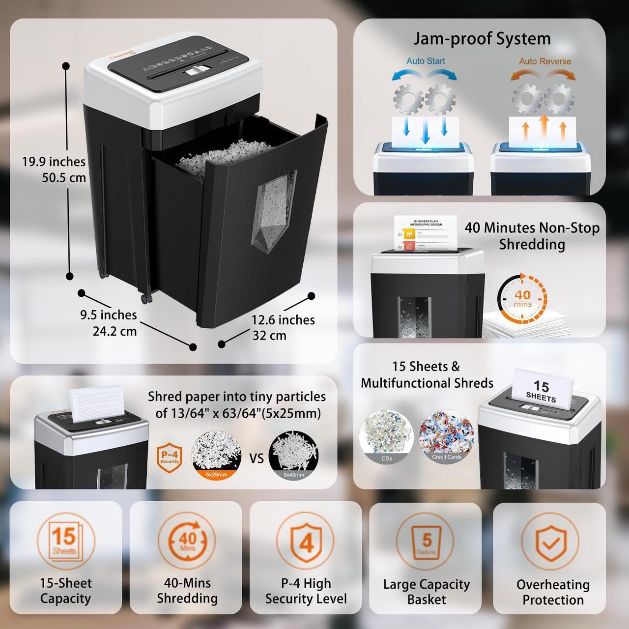 Alt view image 14 of 18 - Bonsaii 14-Sheet Cross-Cut Heavy Duty Paper Shredder, 30-Minute Continuous Running Time, Credit Card/Staples Shredders for Office, Quiet Shredding Machine with Jam Proof System (C169-B)