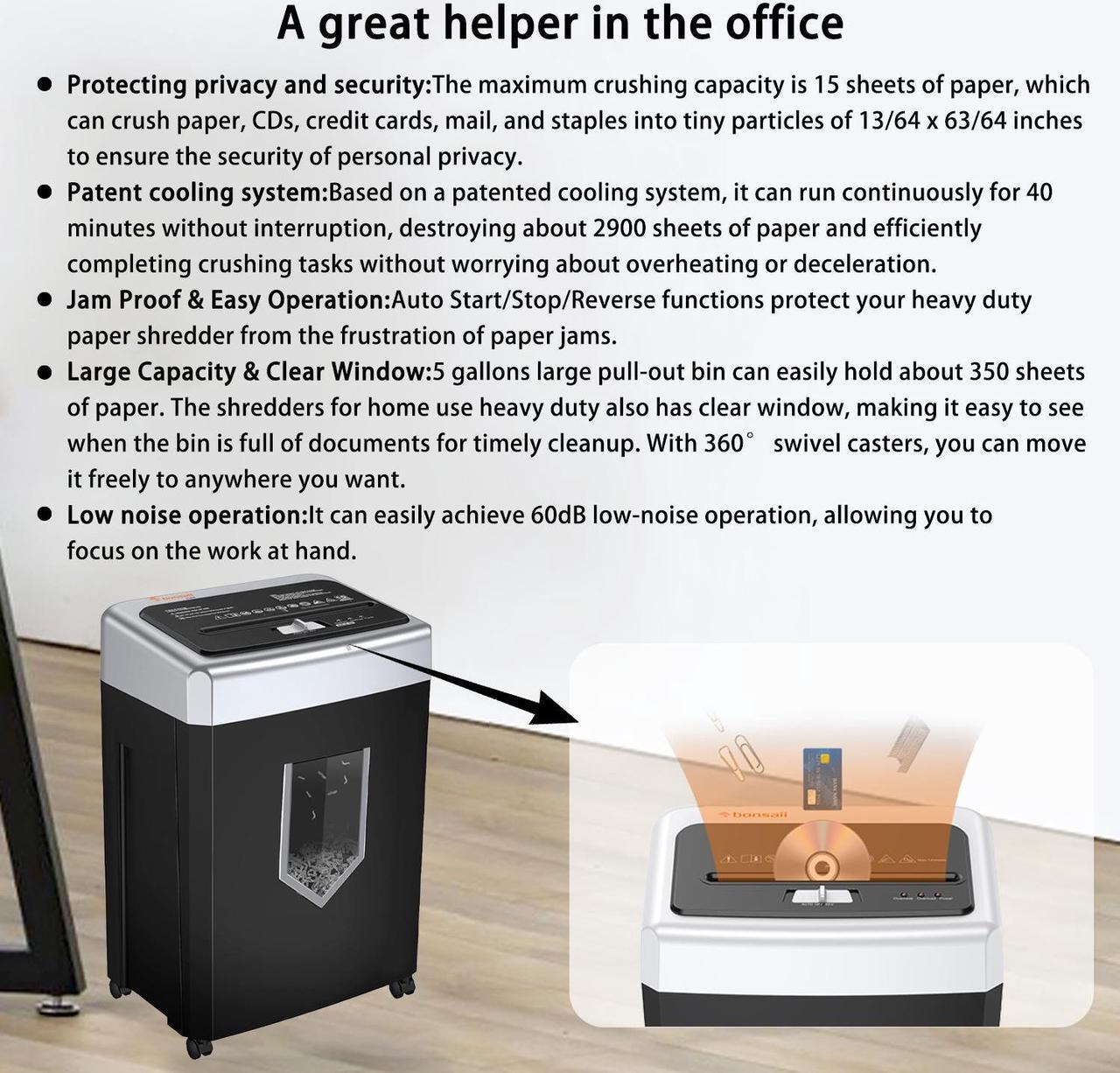 Alt view image 18 of 18 - Bonsaii 14-Sheet Cross-Cut Heavy Duty Paper Shredder, 30-Minute Continuous Running Time, Credit Card/Staples Shredders for Office, Quiet Shredding Machine with Jam Proof System (C169-B)