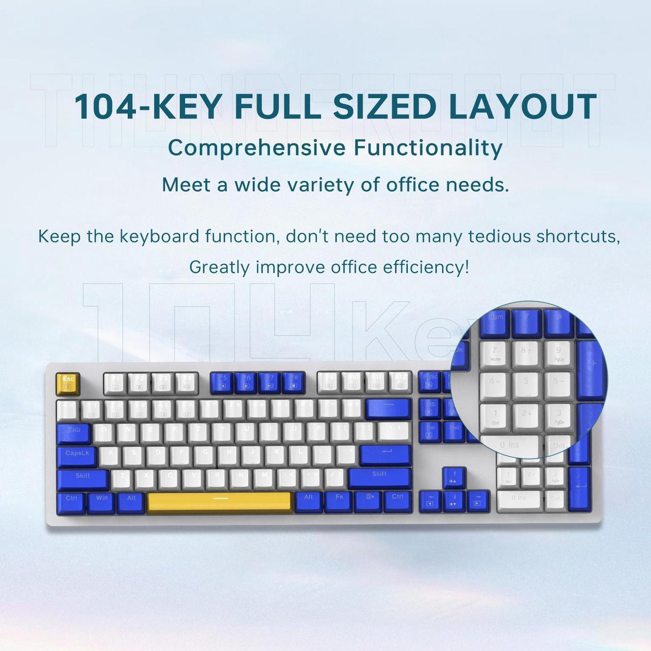 Alt view image 3 of 6 - THUNDEROBOT K104 Wired Mechanical Keyboard 100% full-size model with 104 keys, for working & gaming, upgraded hot-swappable socket, Customizable RGB backlit, PBT keycaps, Red switches, Blue whimsy