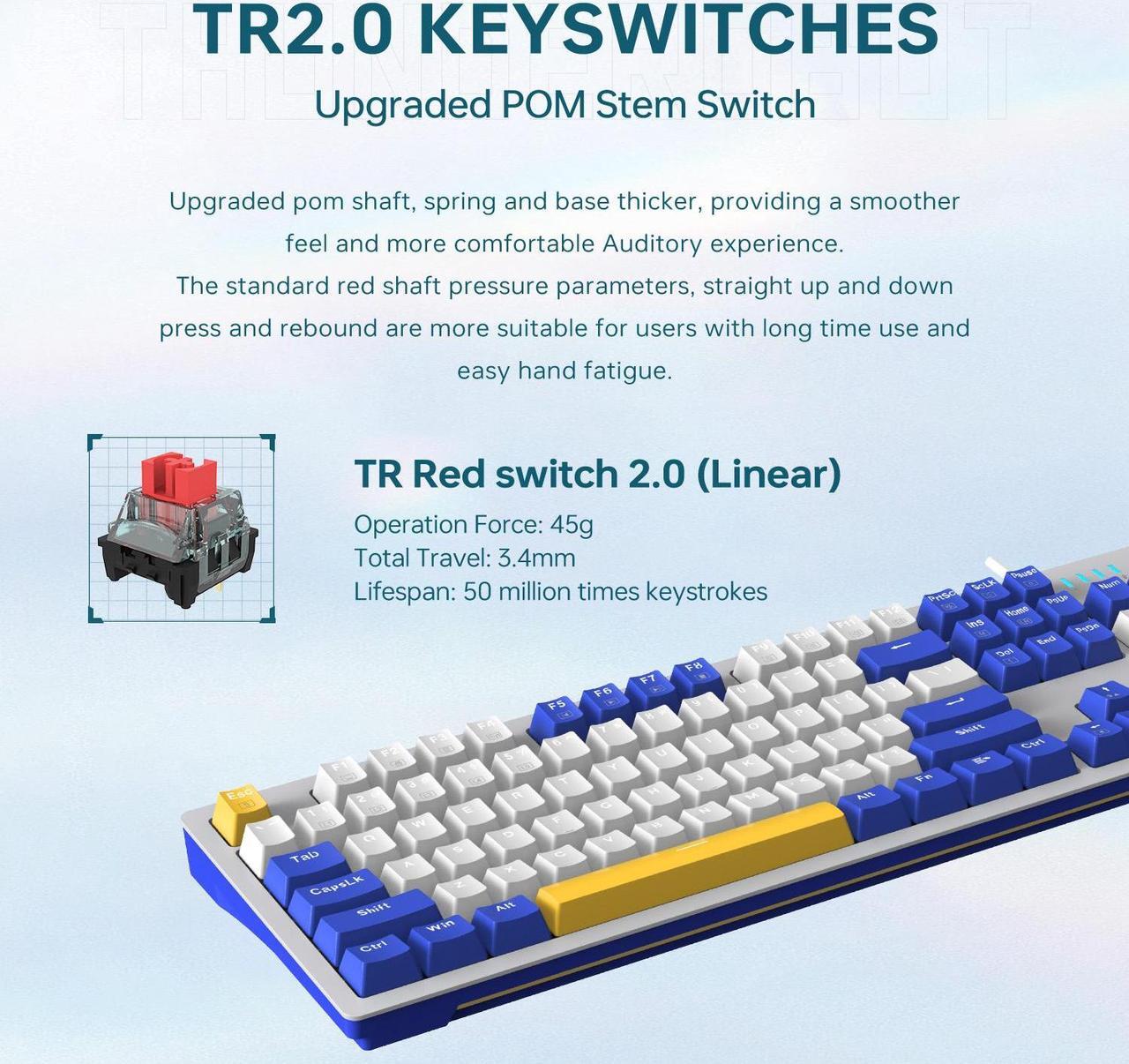 Alt view image 4 of 6 - THUNDEROBOT K104 Wired Mechanical Keyboard 100% full-size model with 104 keys, for working & gaming, upgraded hot-swappable socket, Customizable RGB backlit, PBT keycaps, Red switches, Blue whimsy