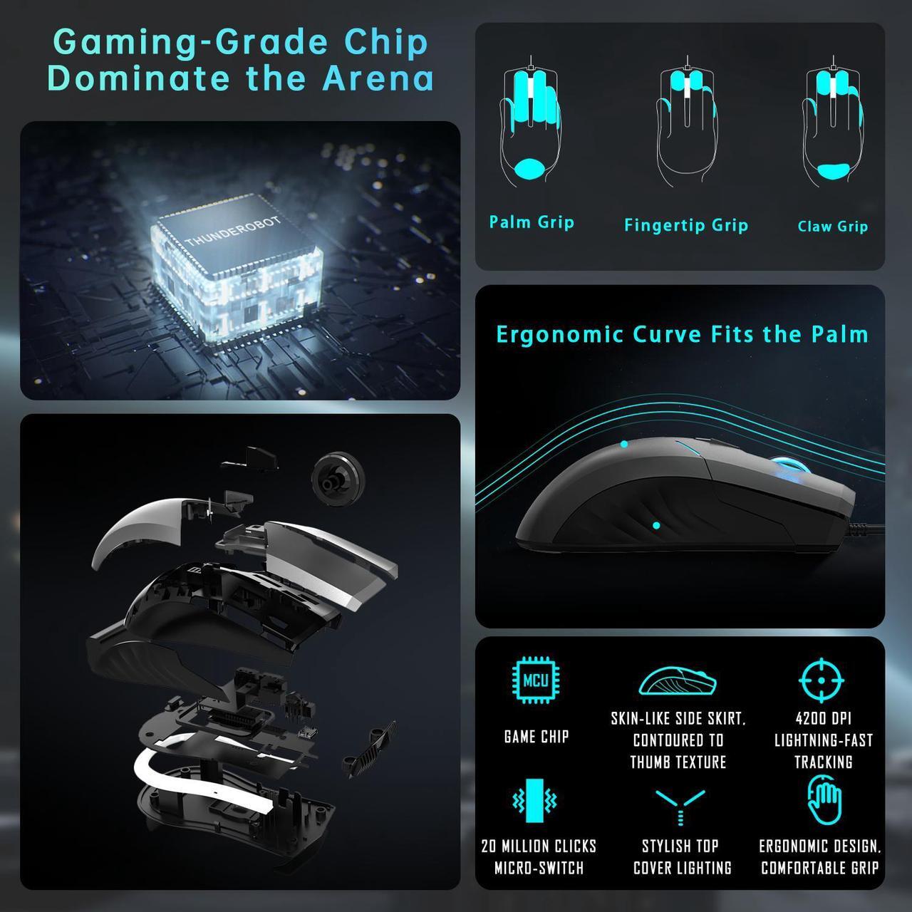 Alt view image 2 of 6 - Thunderobot MG701 Wired Gaming Mouse, Ultimate Gaming-Grade Chip, 4200 DPI Optical Sensor, High Rolling Rate, Ergonomic Design with Anti-Slip Side Grips, Black
